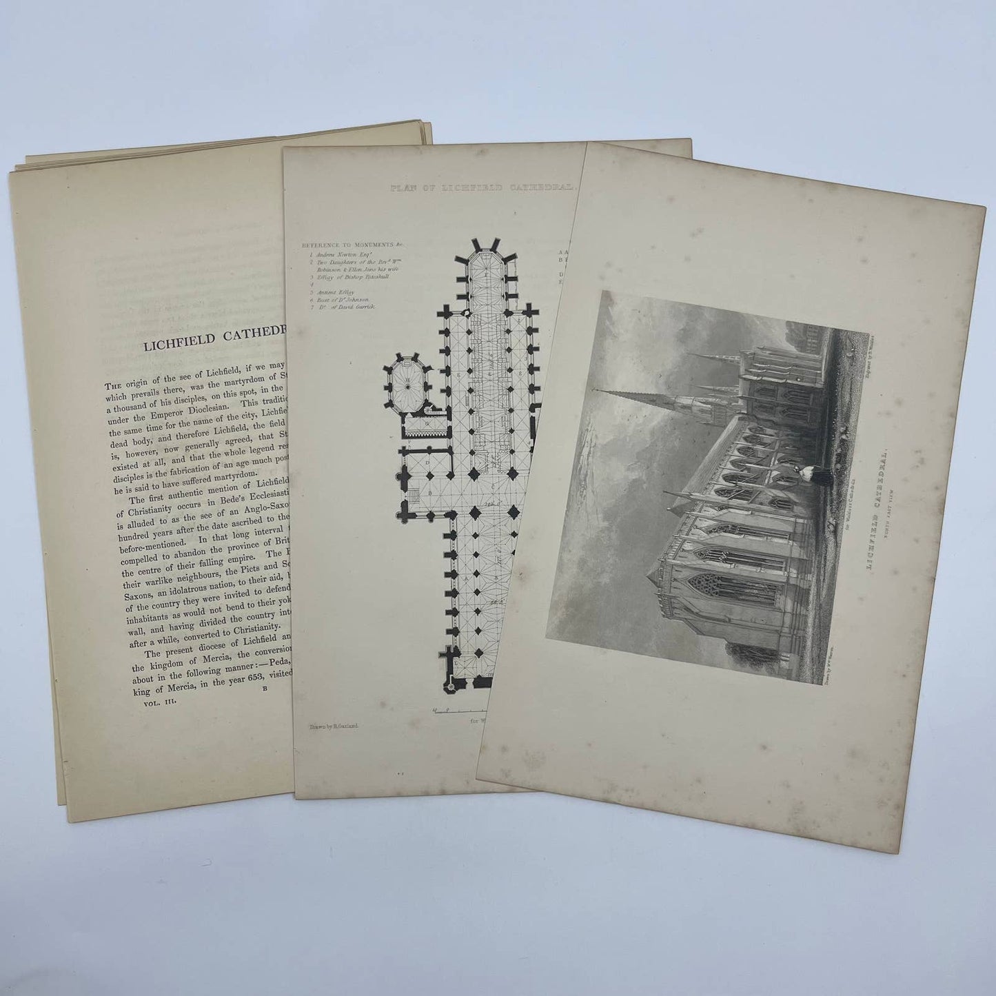 1842 Original Art Engraving Lichfield Cathedral, Floor Plan and Bio TG6