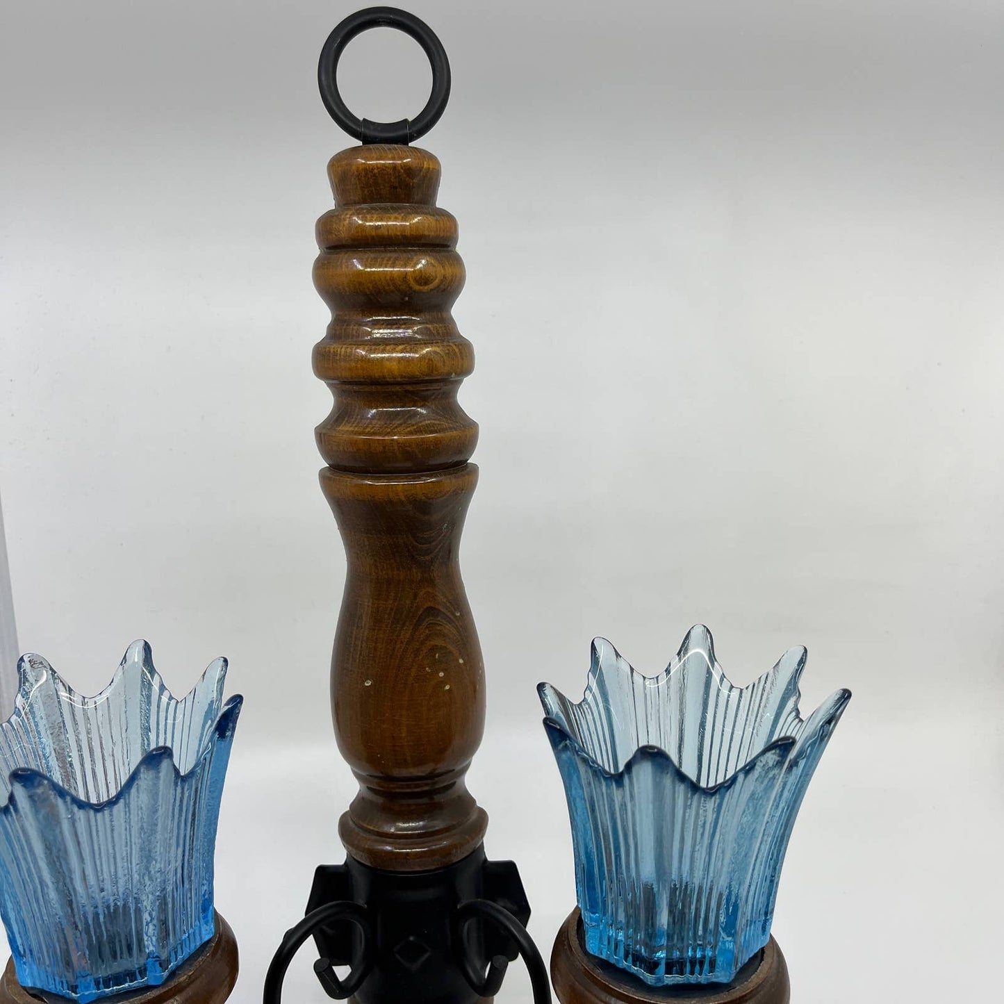 Retro MCM Wood Candler Holder Wall Sconce Blue Ice Fluted Glass ~10x18 TC2