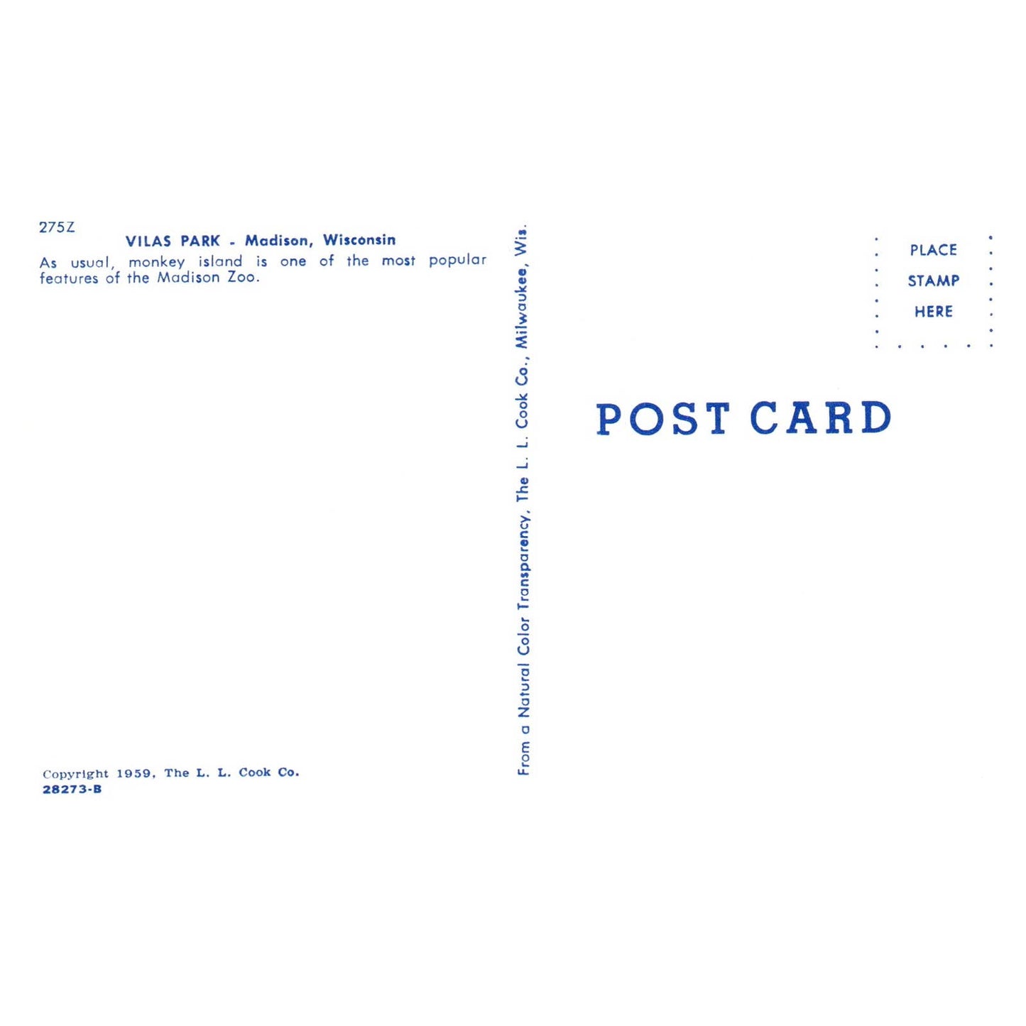 Vintage Postcard - Madison Zoo Monkey Island Vilas Park Madison Wisconsin AD9