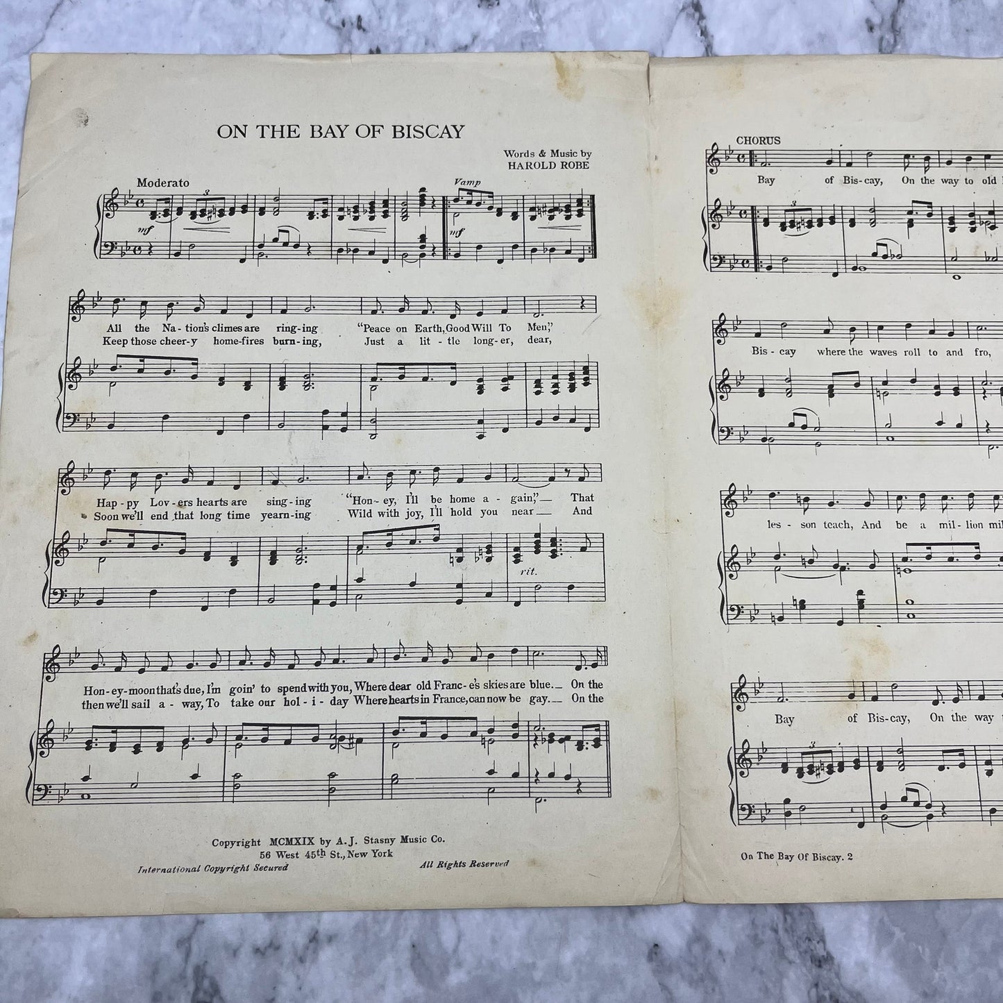 On the Bay of Biscay, by Harold Robe 1919 Sheet Music V38-2