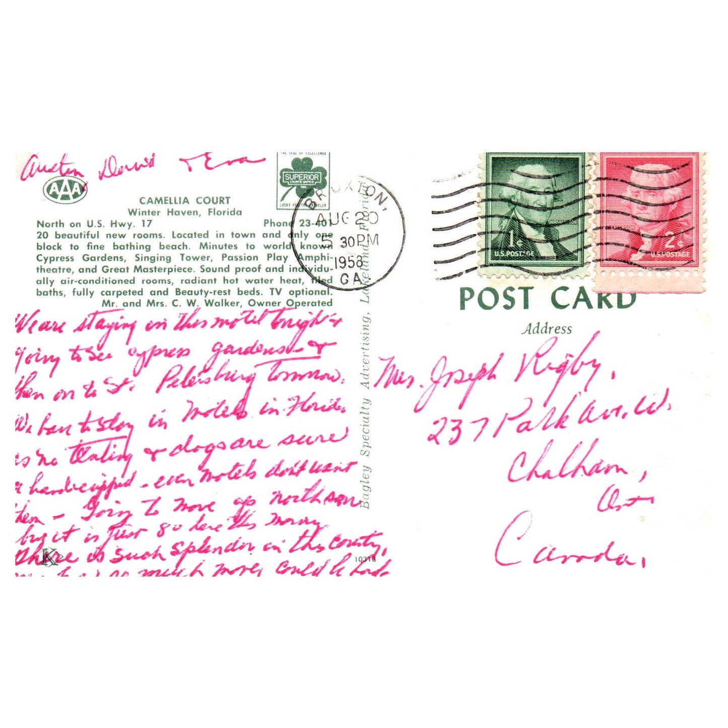 Vintage Postcard - Camellia Court Winter Haven Florida 1958 AD9