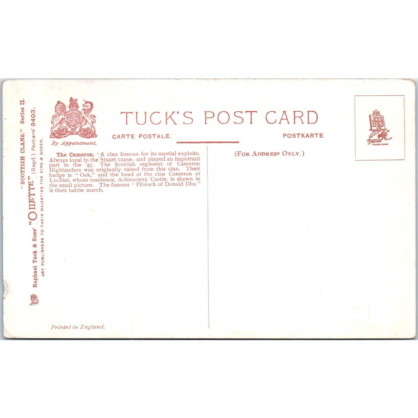 Scottish Clans The Cameron Raphael Tuck Oilette Original Postcard TK1-P14