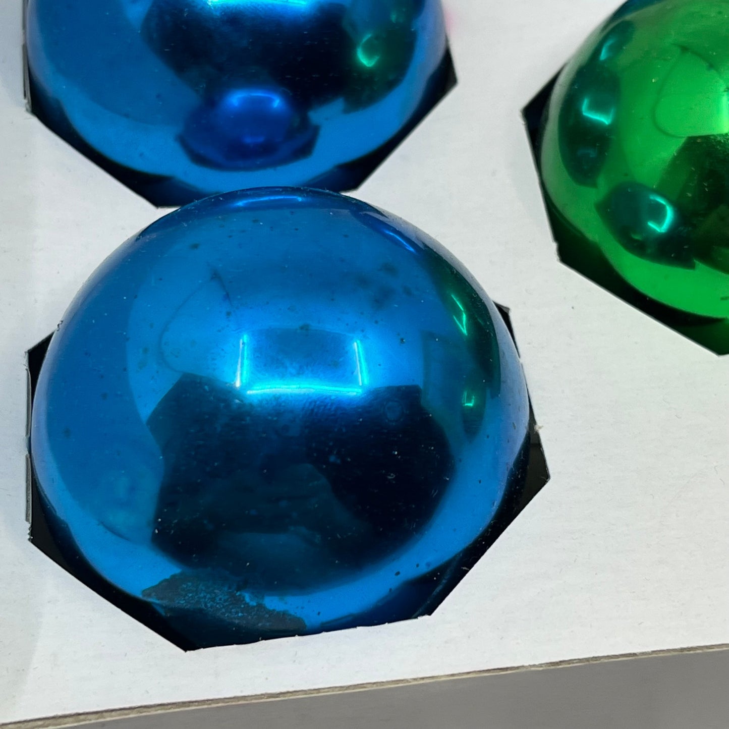 HOLLY 8 Vintage 2 1/4" Mercury Glass Ornaments Original Box Blue Green TK3