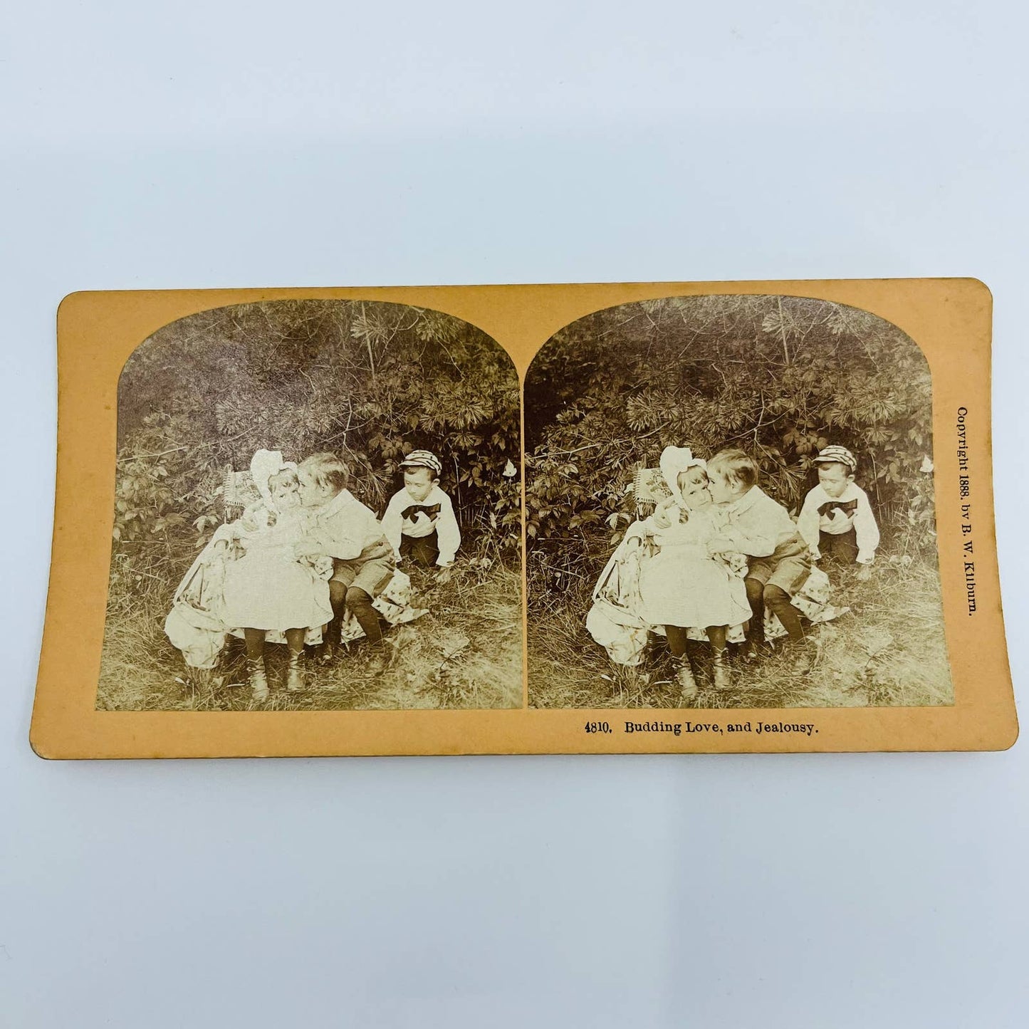1880s Stereoview Card Victorian Young Boy Kissing Girl Budding Love & Jealousy