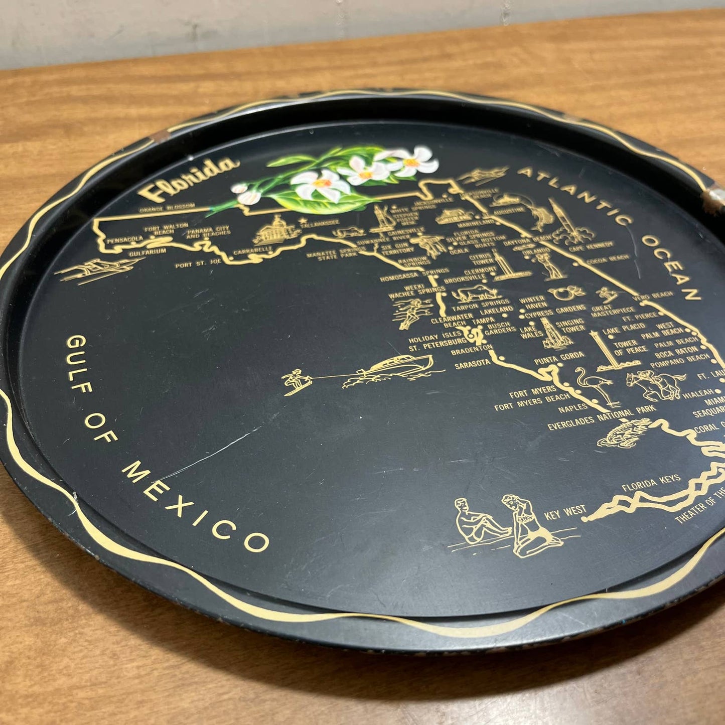 Vintage Black & Gold Metal State Souvenir Plate Tray Florida Orange Blossom 11” TG7