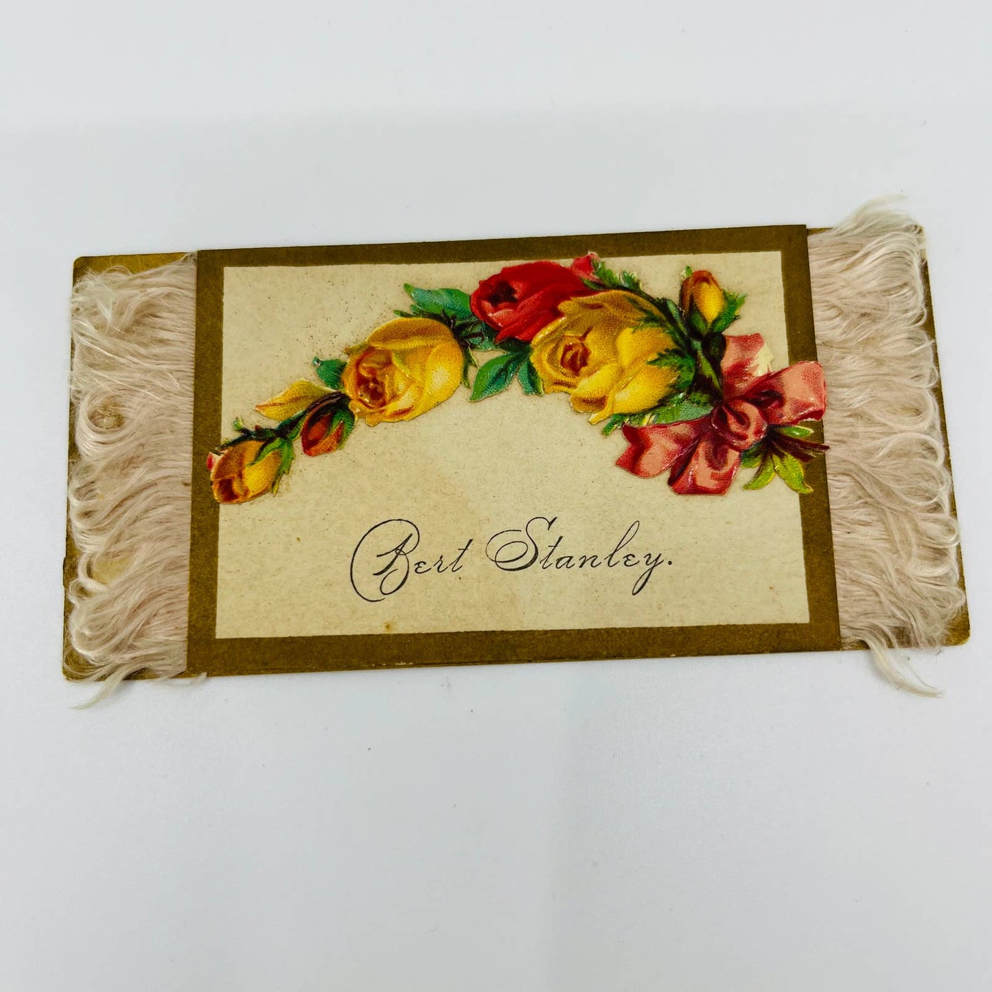 1880s Victorian Calling Card Bert Stanley Holly Card Works Meridian CT Silk C1