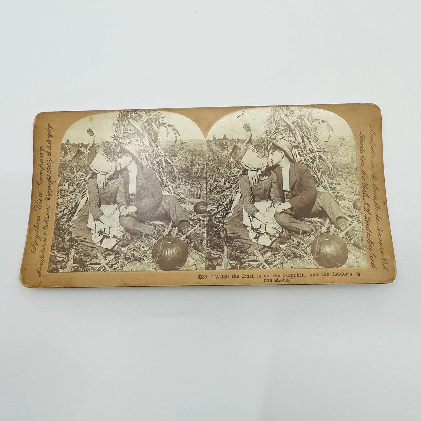 c1880 Stereoview Card Man and Woman Kissing in Pumpkin Patch Autumn Halloween