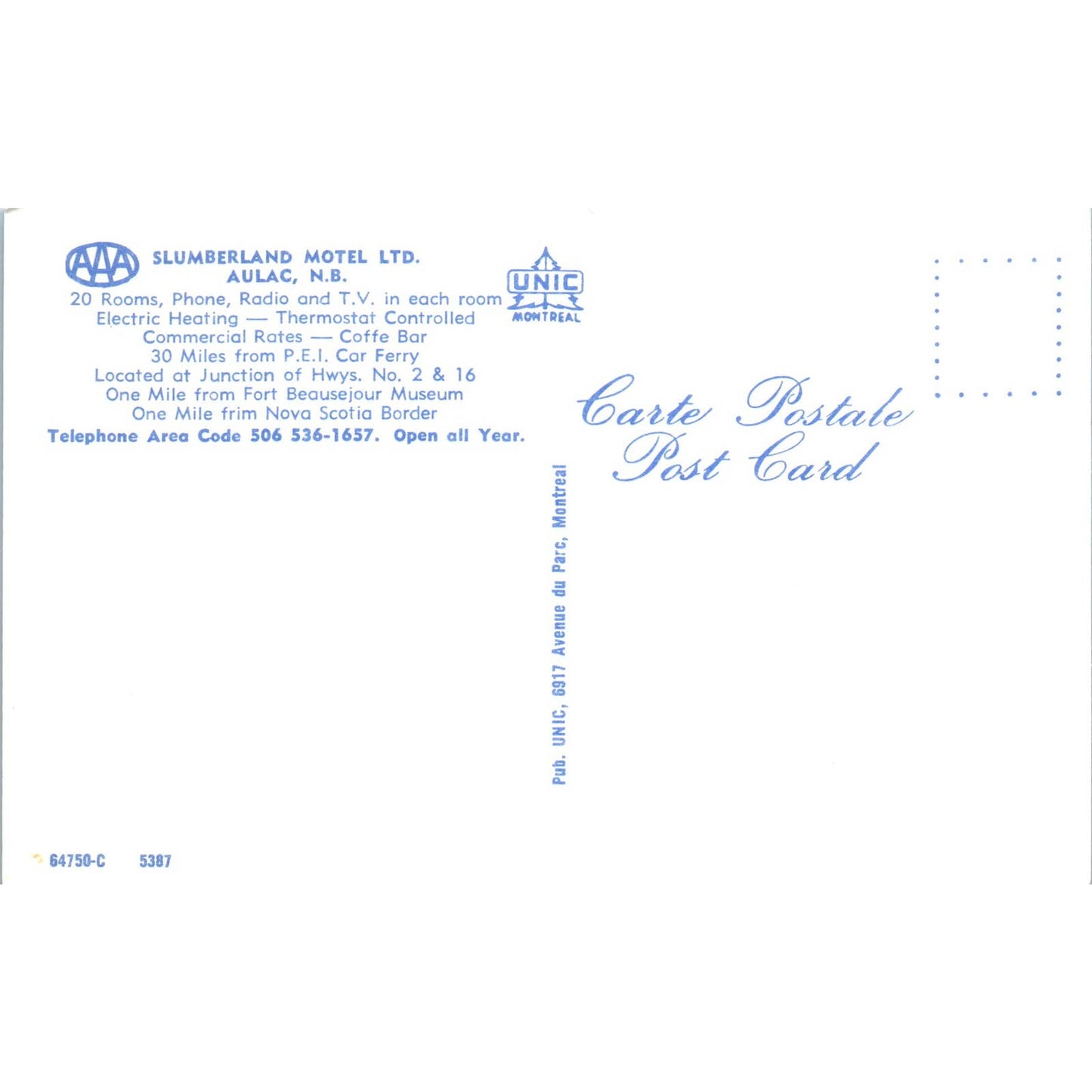 Slumberland Motel Ltd Aulac N.B. Canada - Original Postcard TJ7-RP2
