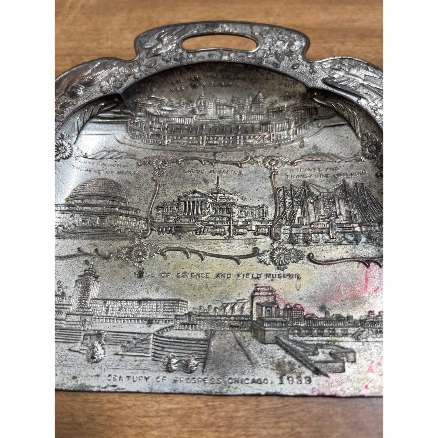 1933 Chicago Worlds Fair Metal Crumb Catcher Silent Butler Embossed Souvenir SD8