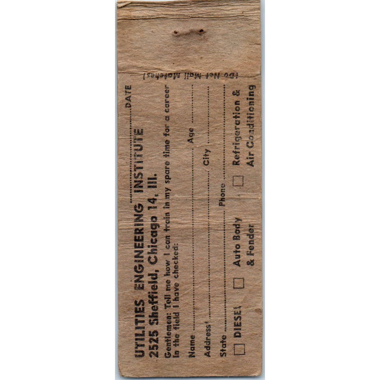 Vintage Matchbook Cover Investigate Diesel Utilities Engineering Institute SE5