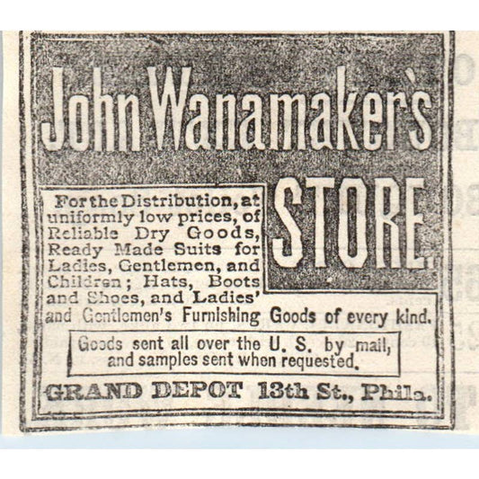 1878 Magazine Ad - John Wanamaker's Store Grand Depot Philadelphia SF2