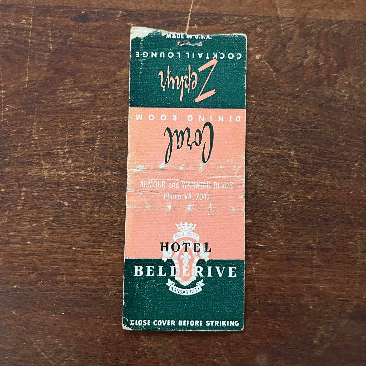 Hotel Bellerive Coral, Zephyr Room Kansas City MO Advertising Matchbook SB3-M5