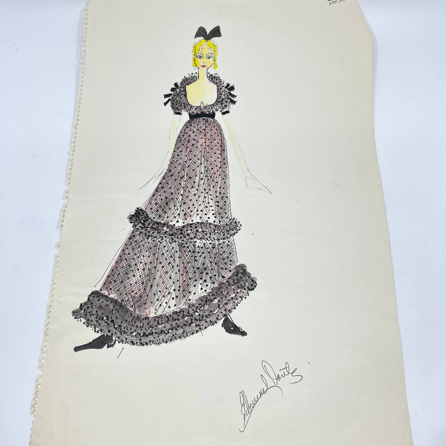 1960s Original Fashion Dress Gown Illustration By Edmund Dantez 12x17” FL1