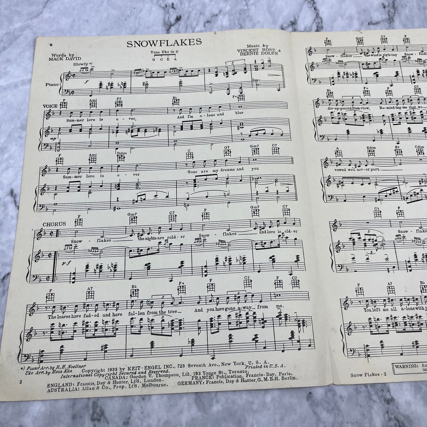 1933 Sheet Music - Snowflakes - Vincent Rose Bernie Dolen Mack David V39-4