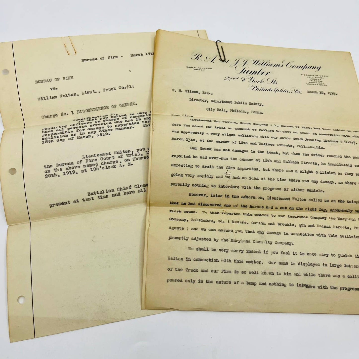 1919 Letter JJ Williams Lumber Co. & Philadelphia Bureau of Fire Department D2