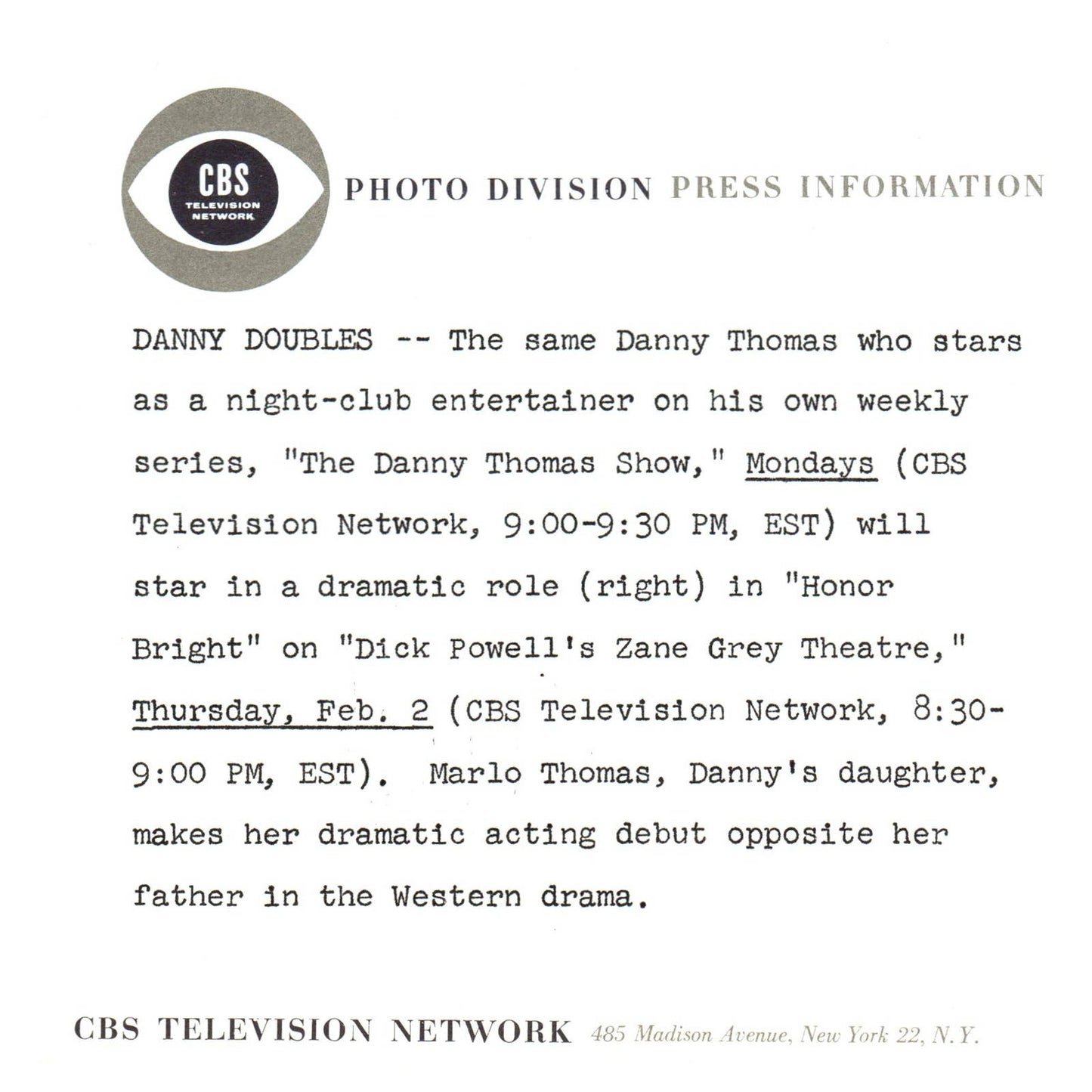 c1960 Press Photo Danny Thomas Dick Powell's Zane Grey Theatre CBS TJ7-1