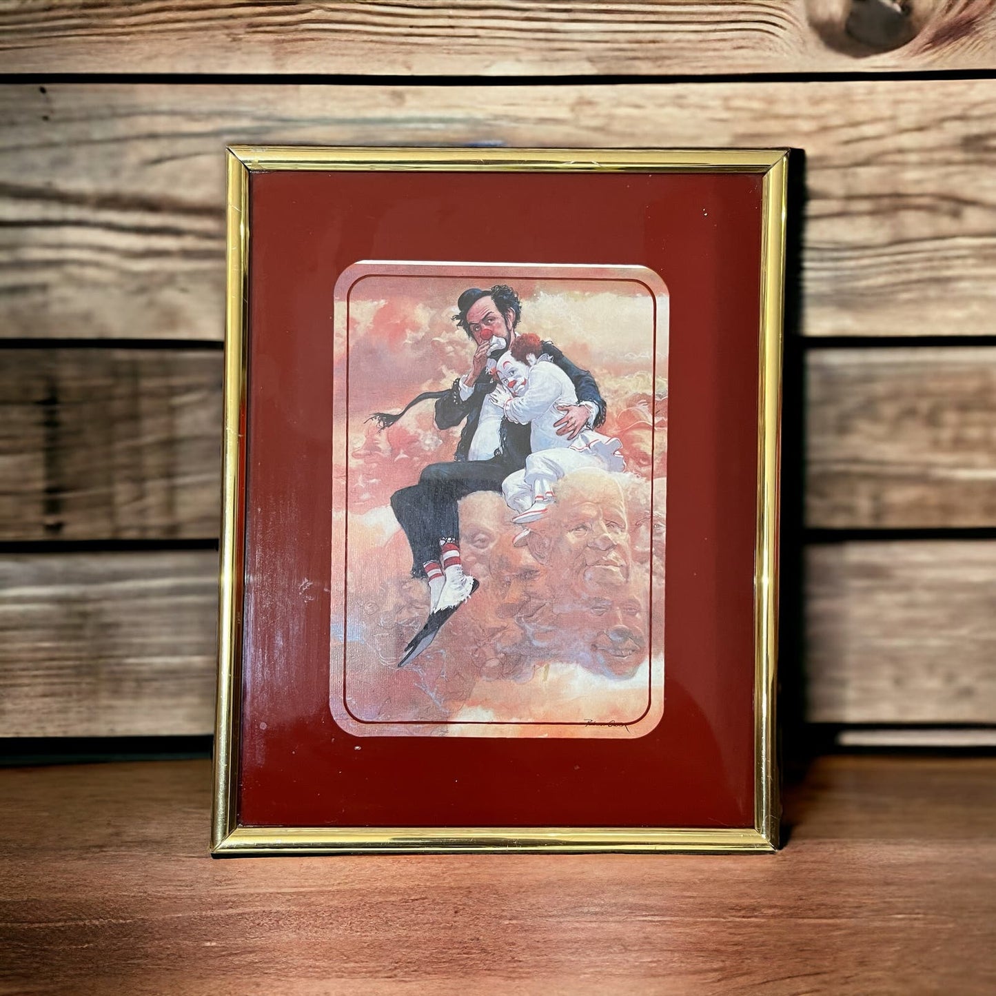 Vintage Retro Robert Owen Clown Hobo Print Hugging Clown framed 8x10" 2