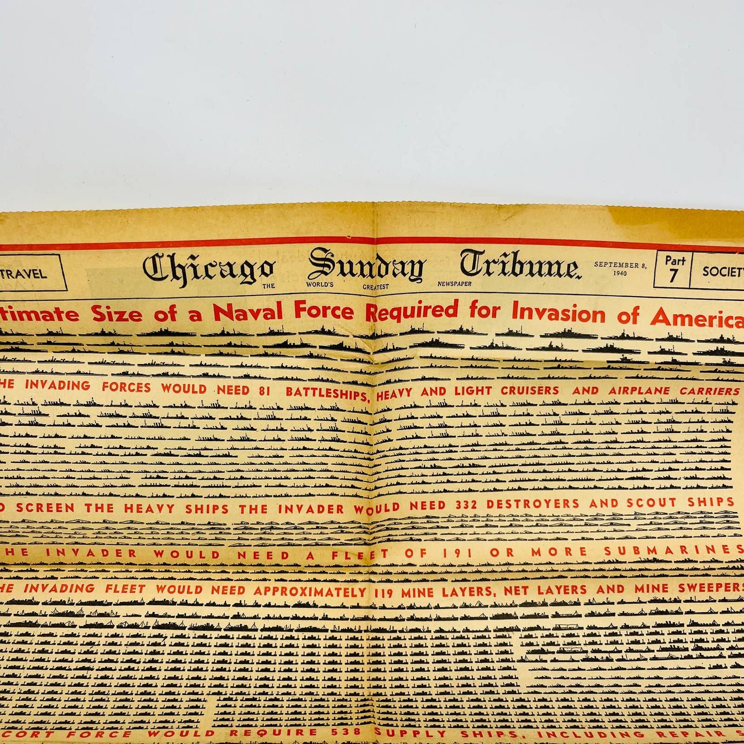 1940 WWII Chicago Sunday Tribune Histogram Naval Force Size America Invasion C5