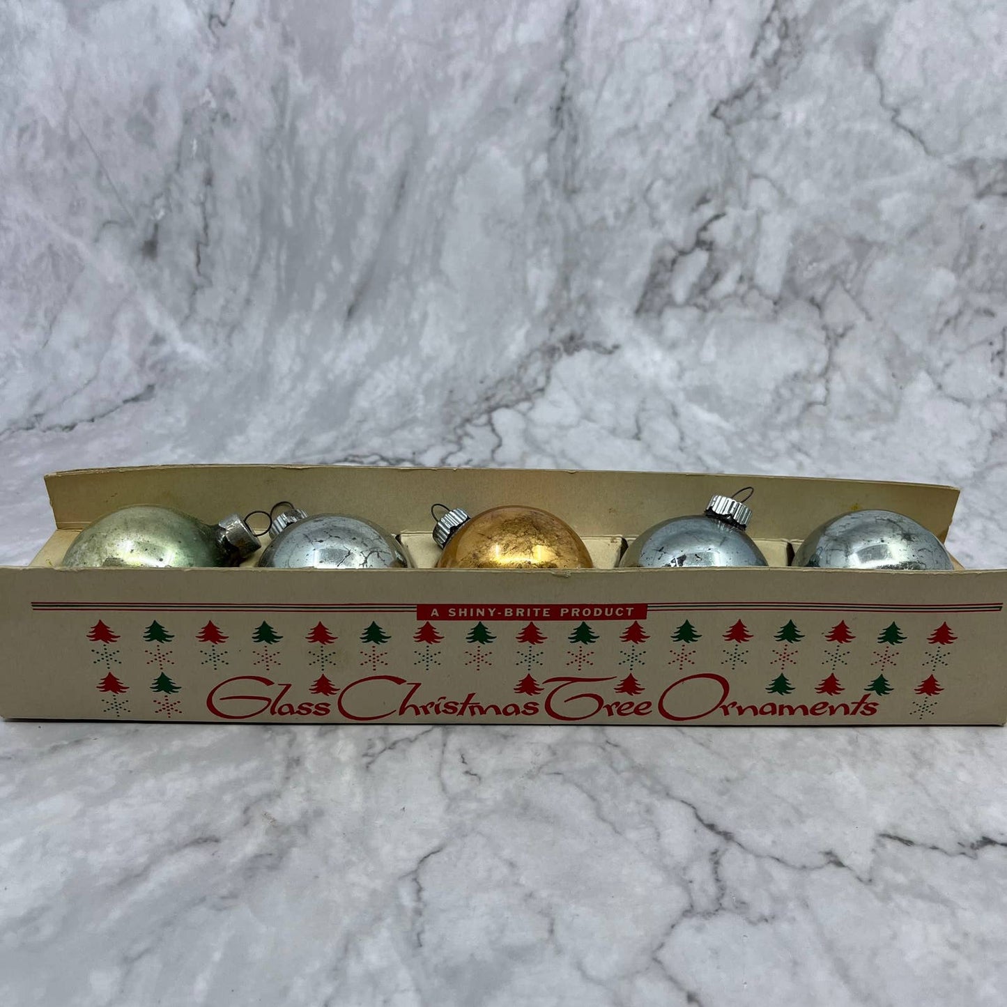 Shiny Brite Vintage Mercury Glass Ornaments Set of 5 in Box Silver Gold 2"