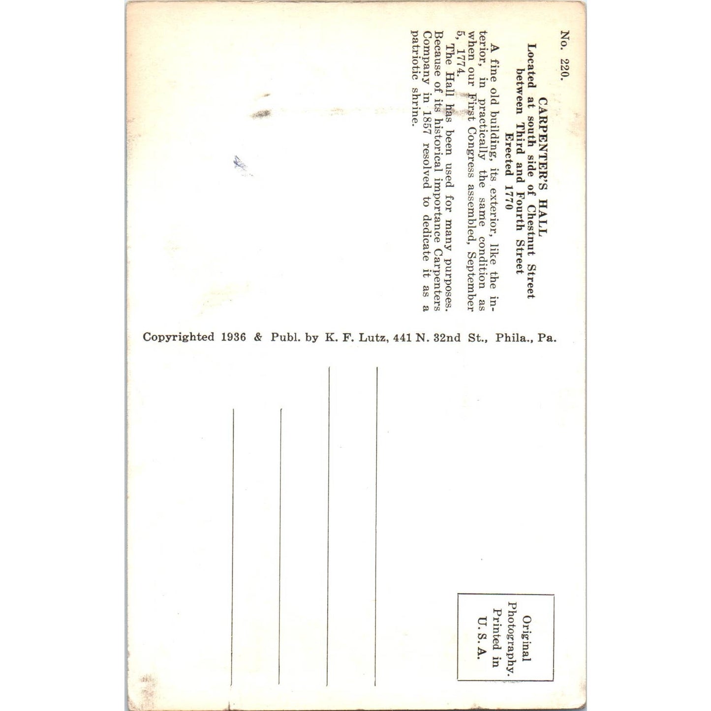 Vintage Postcard The Company Instituted Carpenters' Hall Philadelphia PA TI1-1