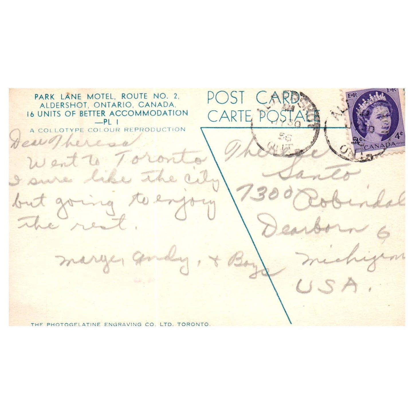 Vintage Postcard - Park Lane Motel Ontario Canada 1956 AD9