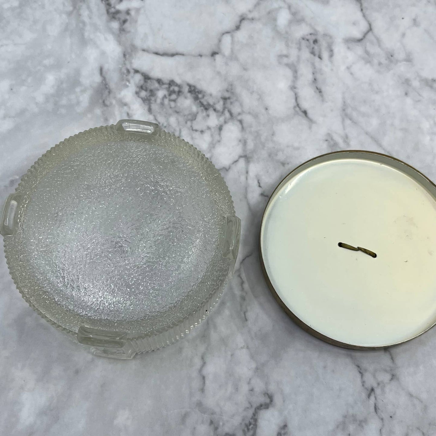 Vintage Art Deco Vanity Jar w/ Brass Embossed Lid w/ Patina 3.5" TE4