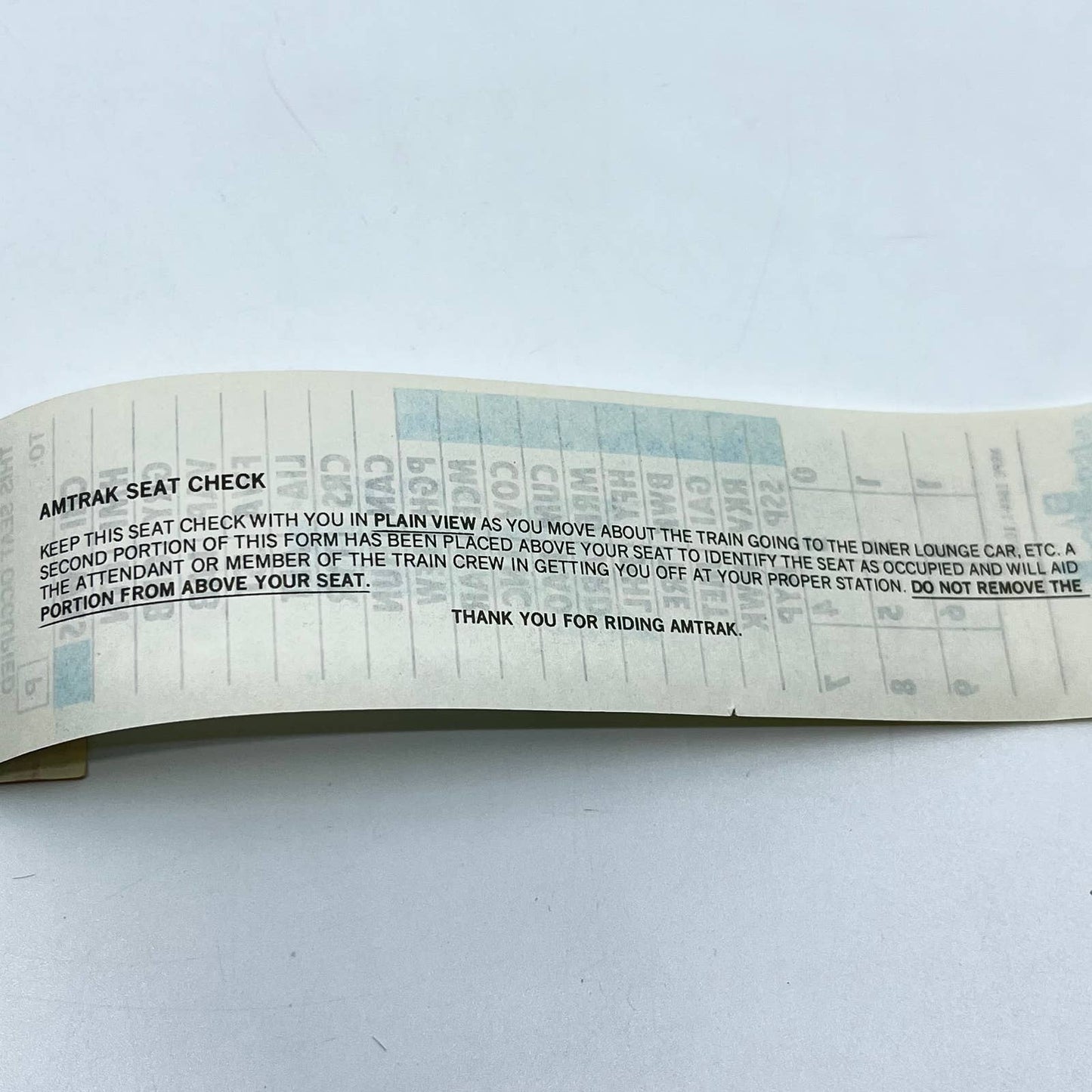 1982 Amtrak Seat Check Ticket Stub AB2