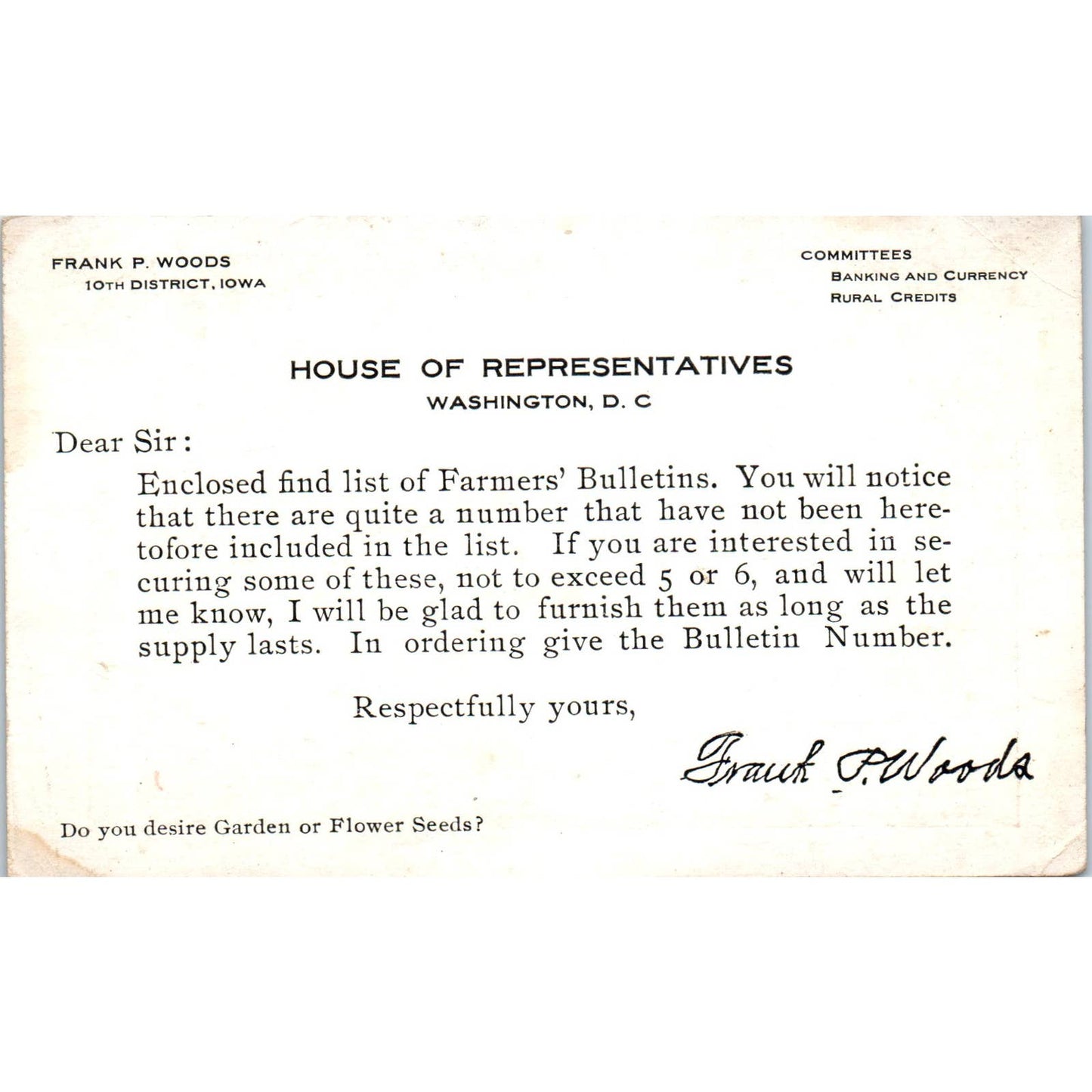 Frank P. Woods Representative 10th District Iowa Original Postcard TK1-P2