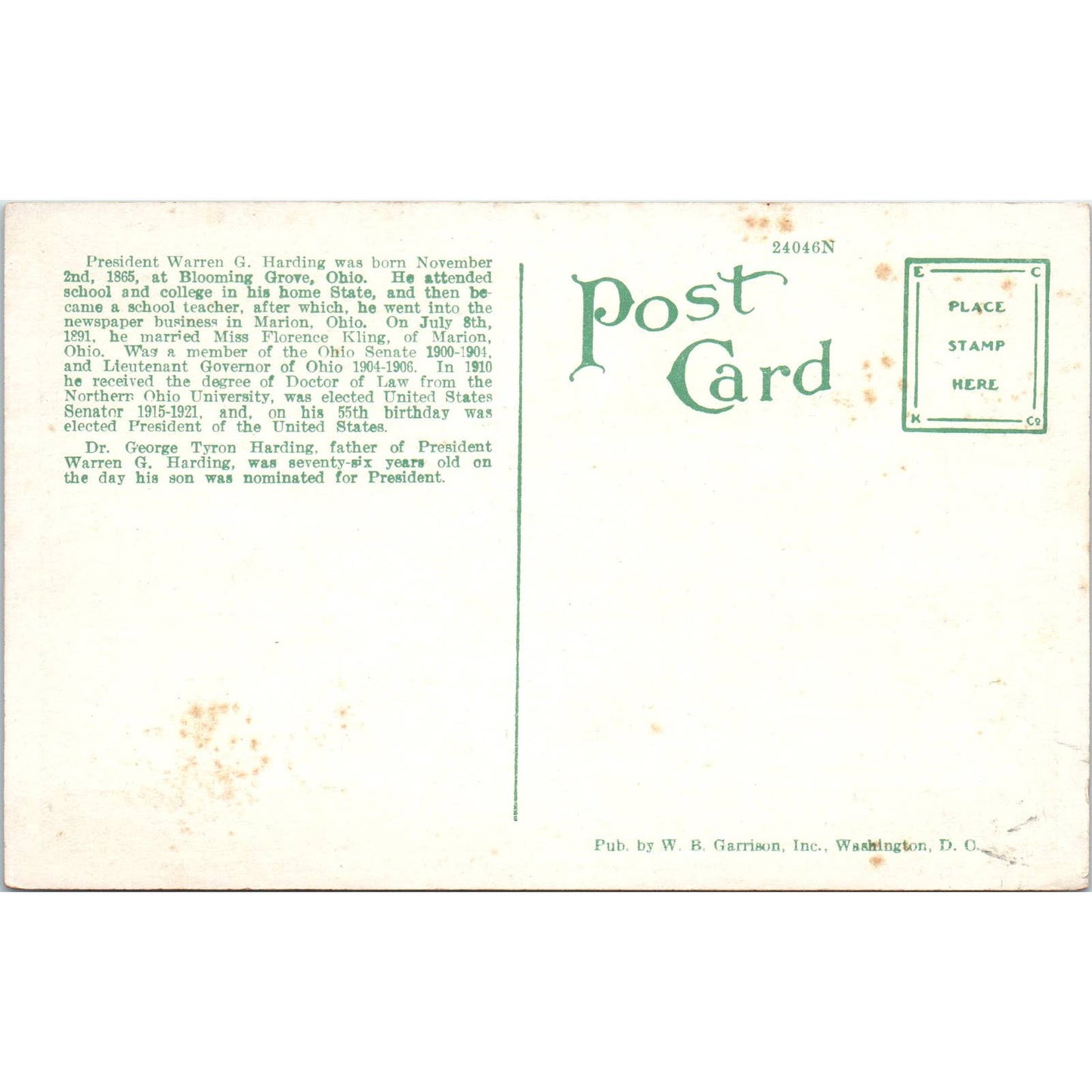 Warren G Harding With Wife and Father Original Postcard TK1-26