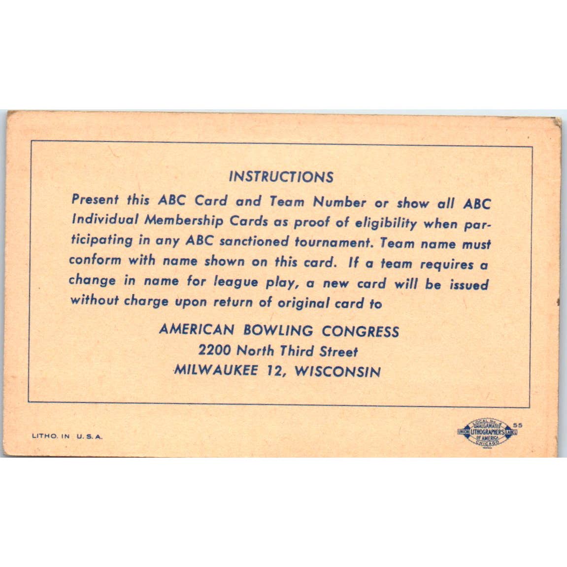 1952 American Bowling Congress Milwaukee Membership National Minor 850 SE5-46