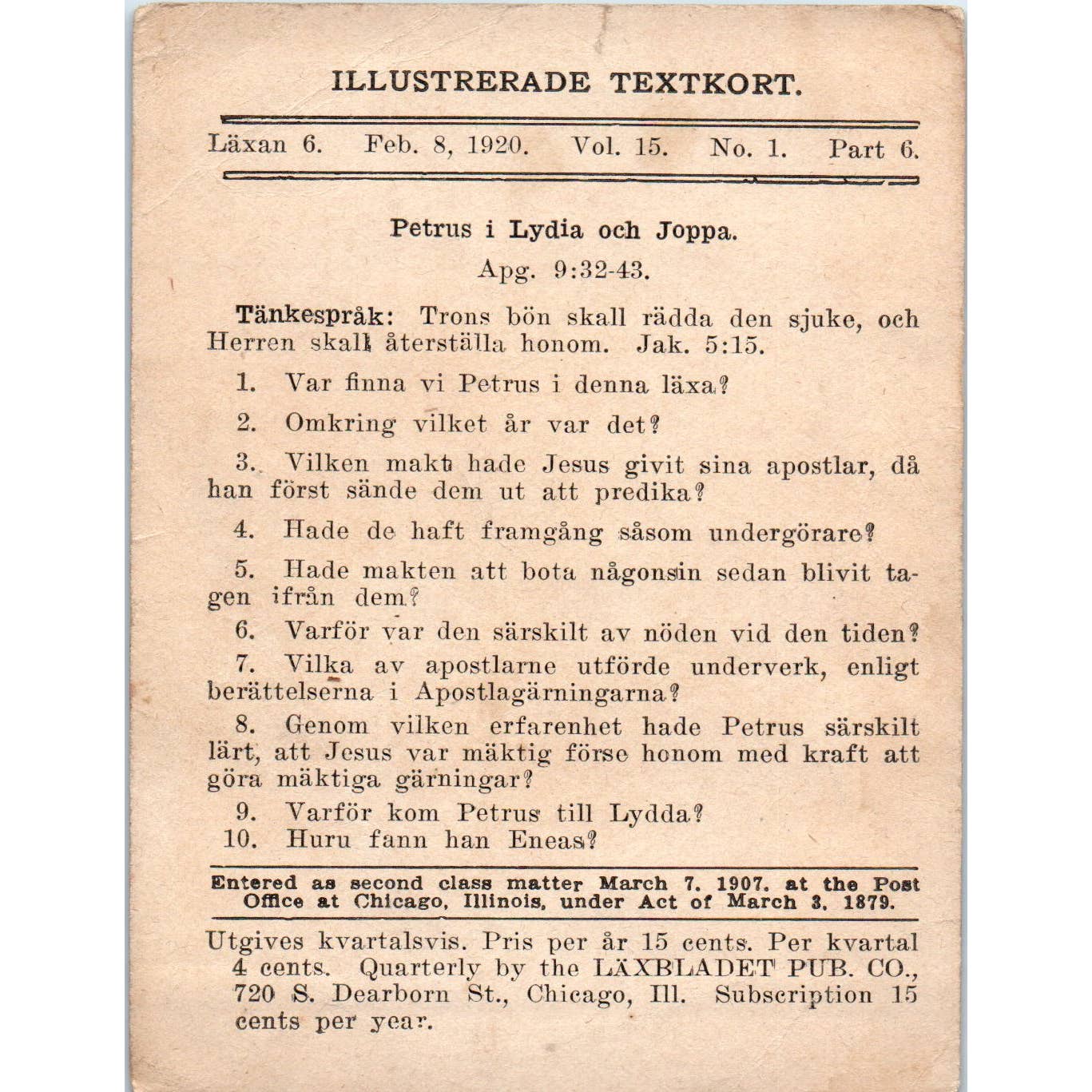 1920 Christian GERMAN Lesson Card The Prayer of Faith Shall Save the Sick SE5