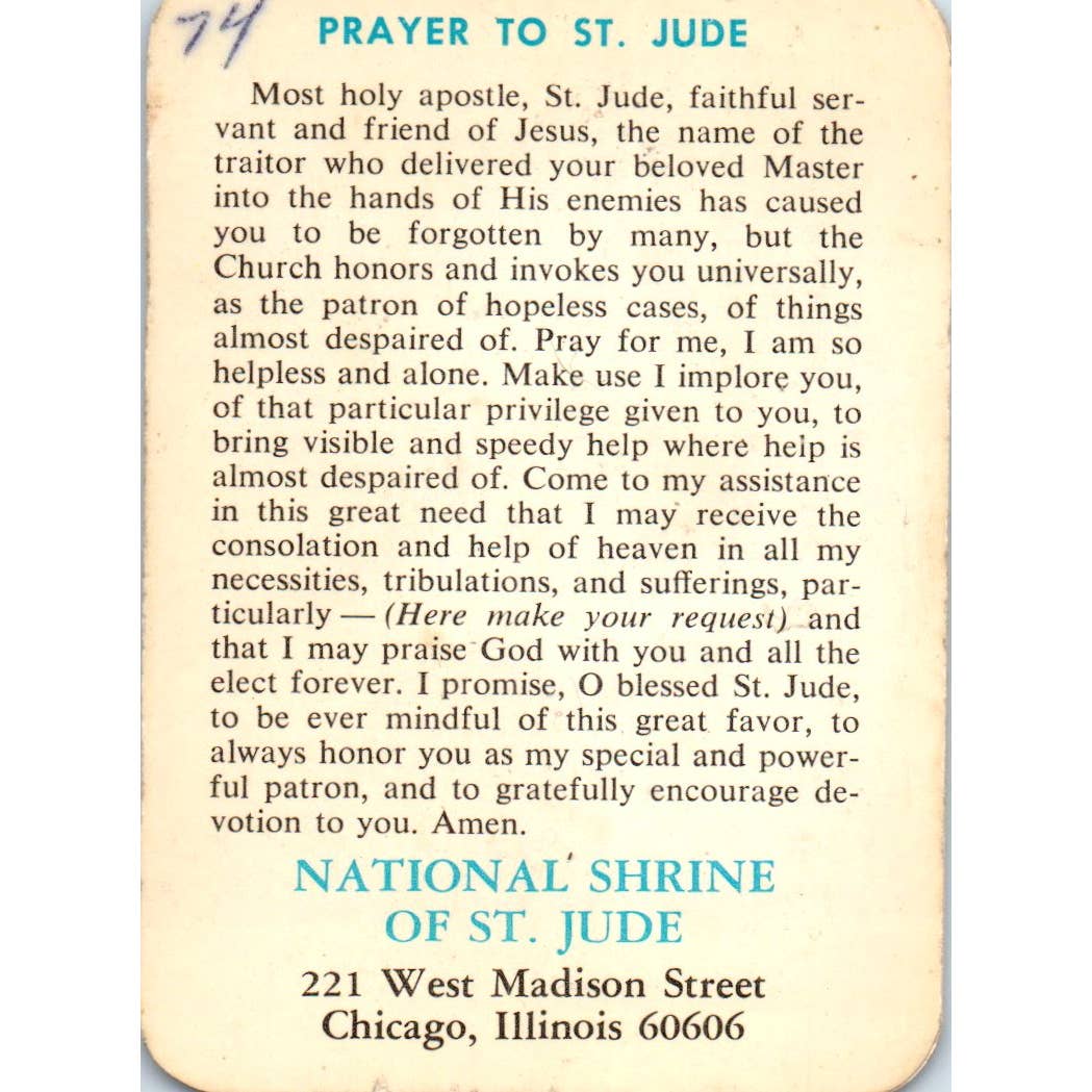 1974 Catholic St. Jude Prayer Card Laminated National Shrine of St. Jude SE5