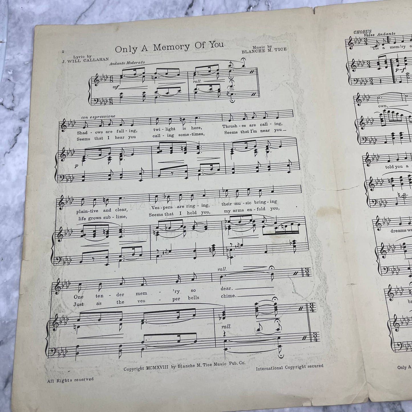 1918 Sheet Music Only a Memory of You Blanche M. Tice J. Will Callahan TH5