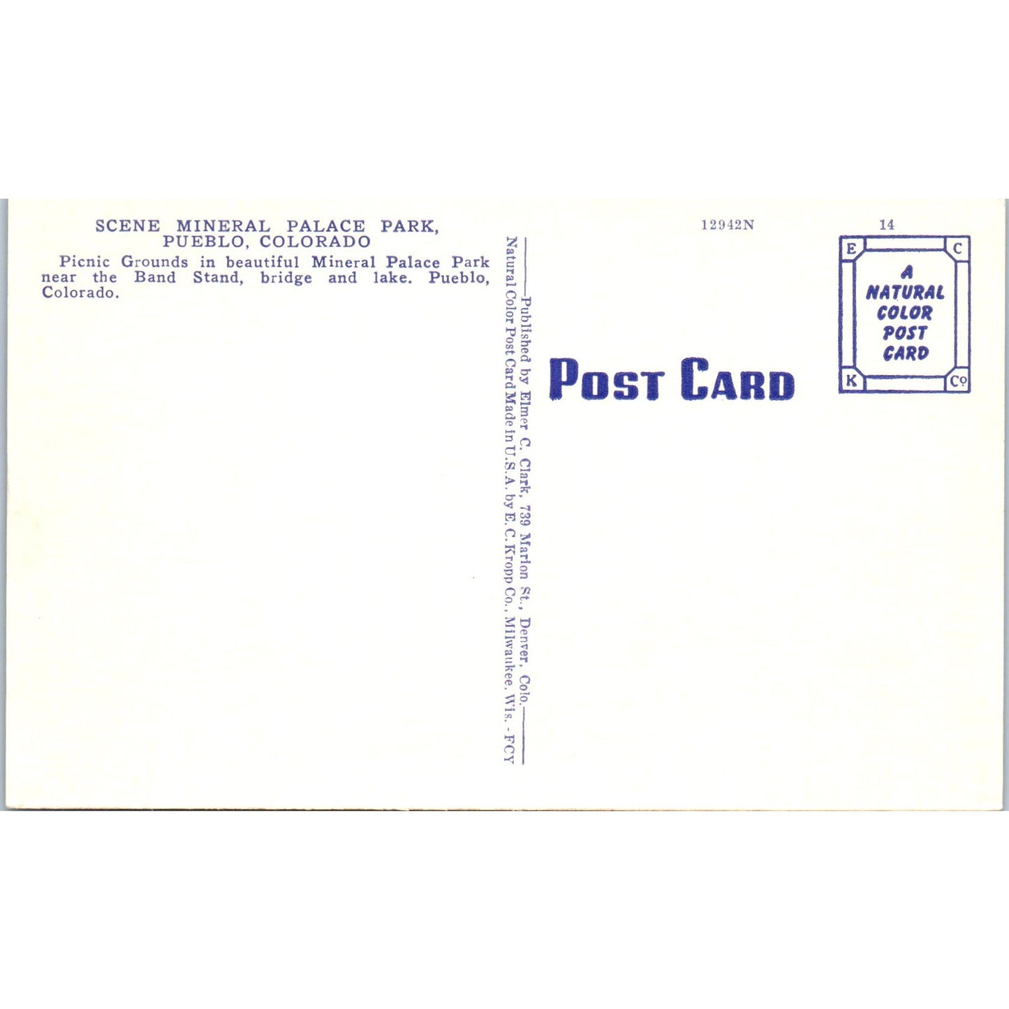 Scene Mineral Palace Park Pueblo Colorado Original Postcard P1-13