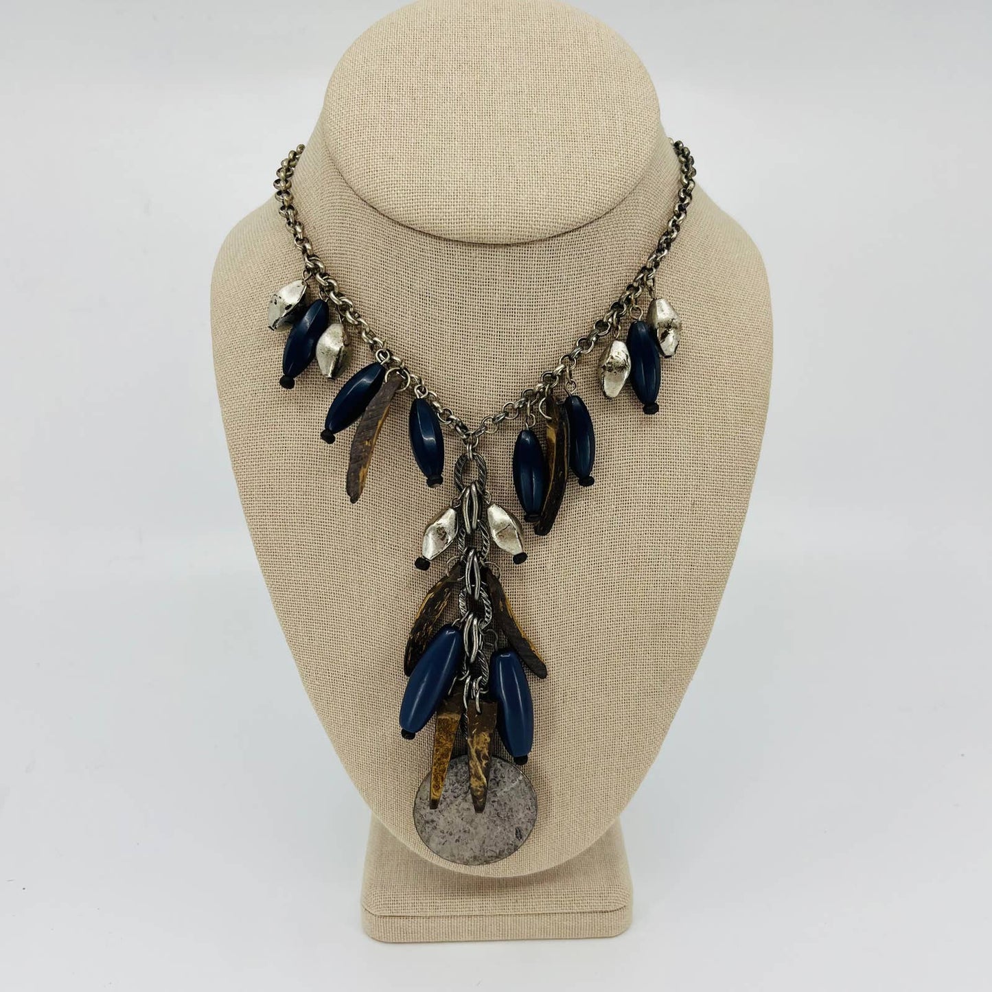 Vintage Brutalist Rustic Wood Metal Blue Bead Chunky Pendant Necklace SB2