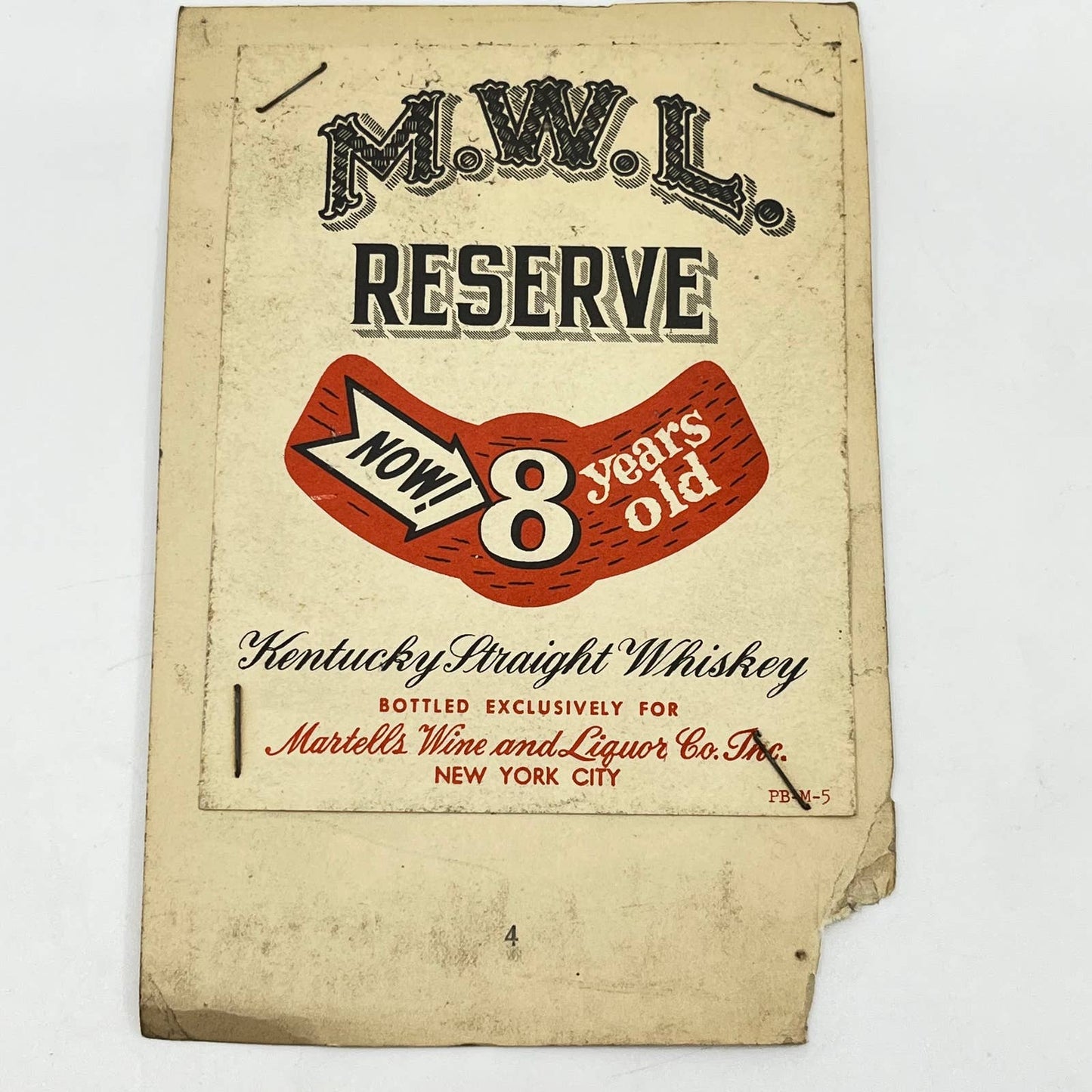 MWL Reserve Whiskey Label Martell’s Wine and Liquor Co New York City NY