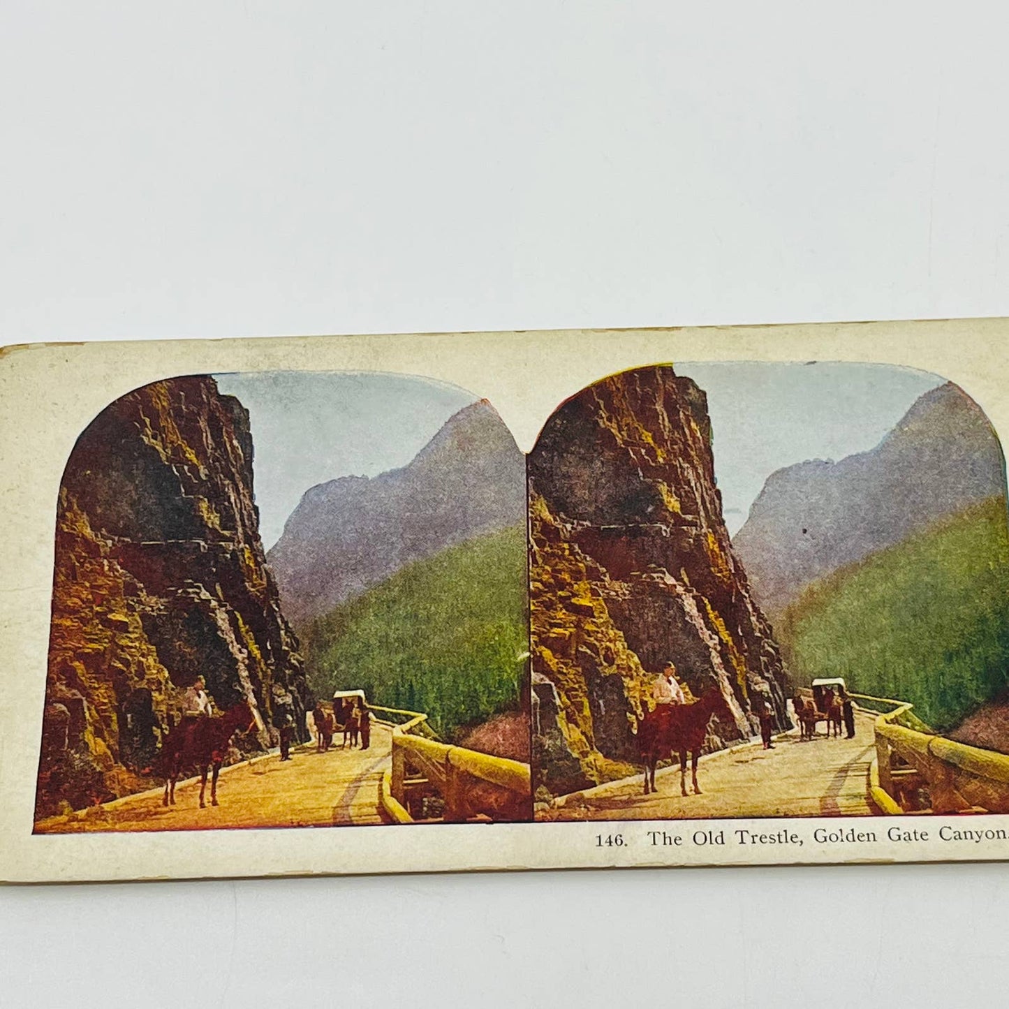 c1900 Stereoview Card The Old Trestle Golden Gate Canyon Colorado Horse Buggy