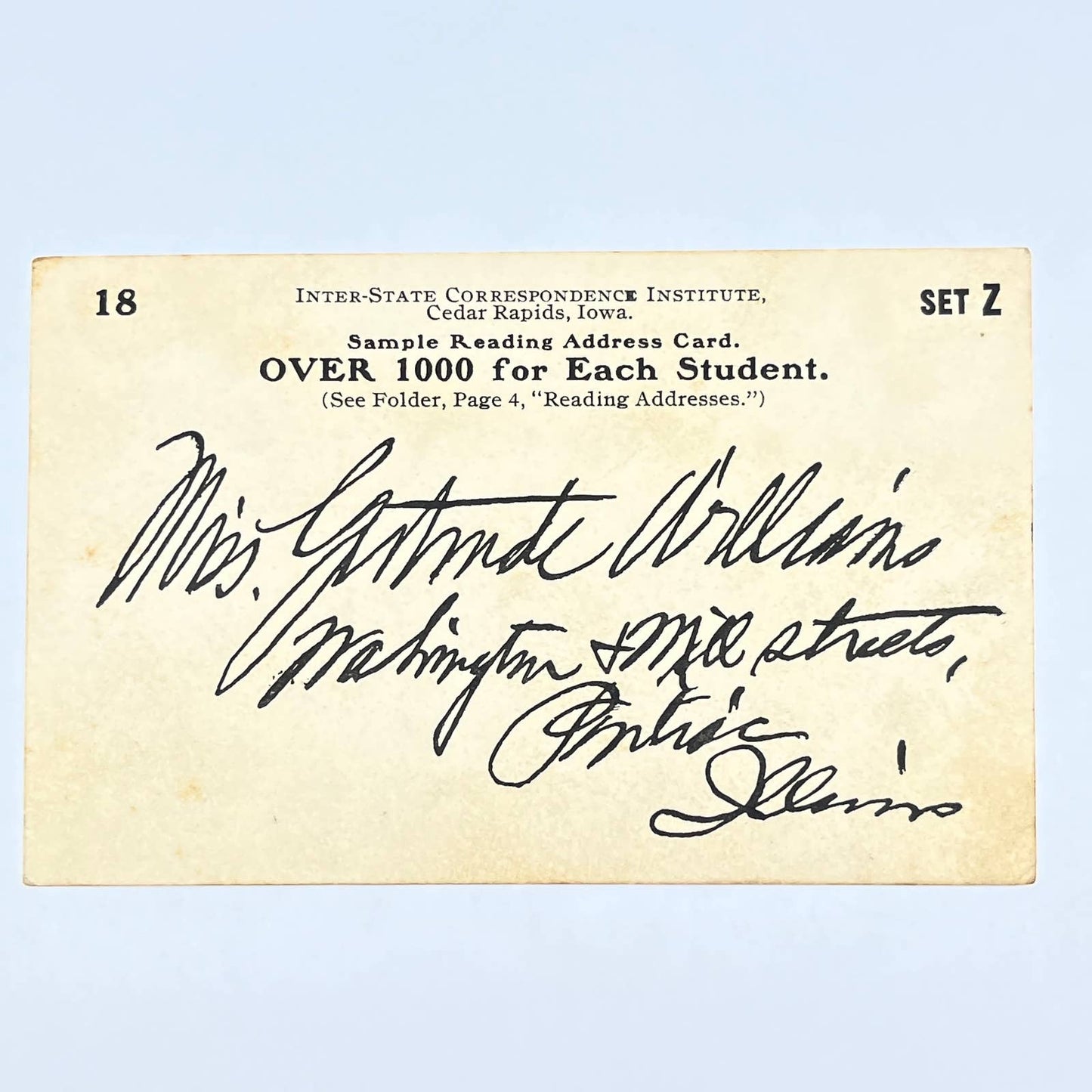 c1920 Interstate Correspondence Institute Cedar Rapids Sample Reading Card AC1