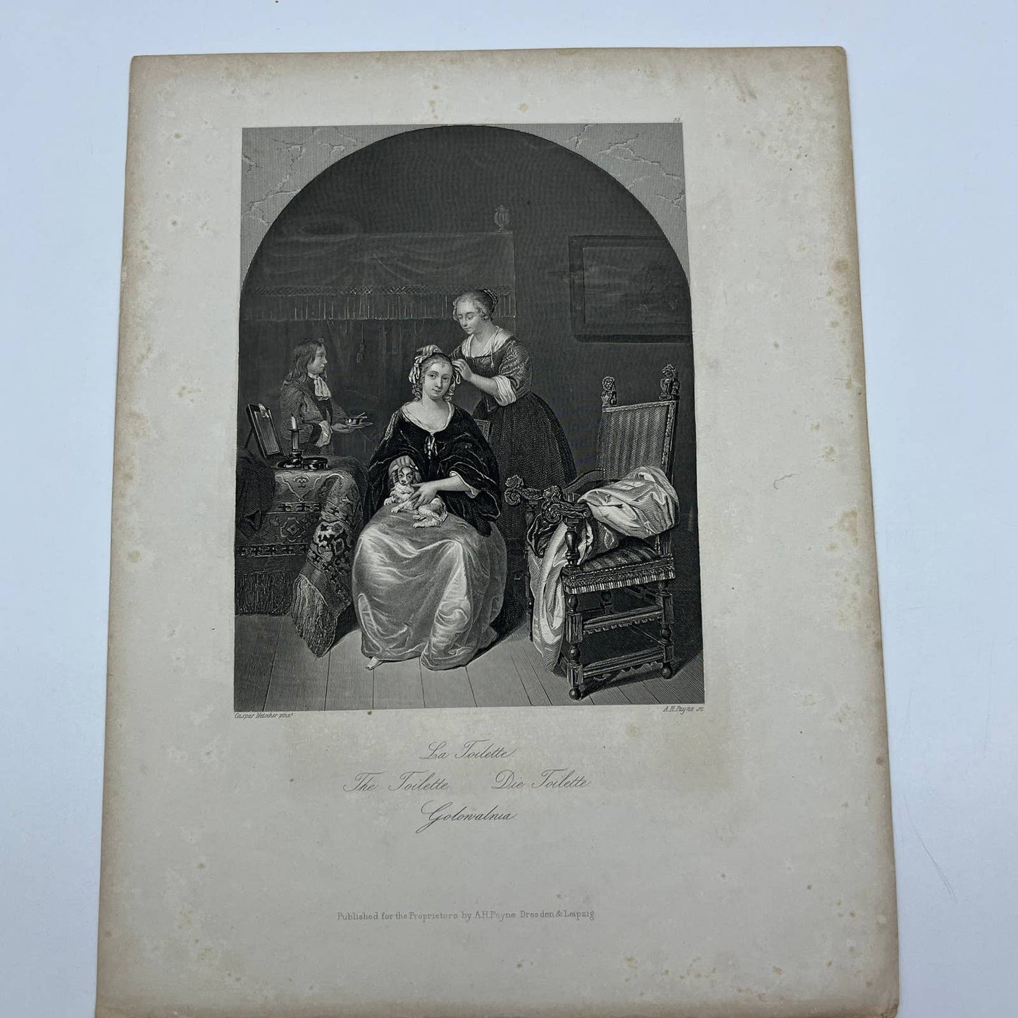 1864 Original Steel Art Engraving - The Toilette Caspar Netscher 8.5x11" AC3