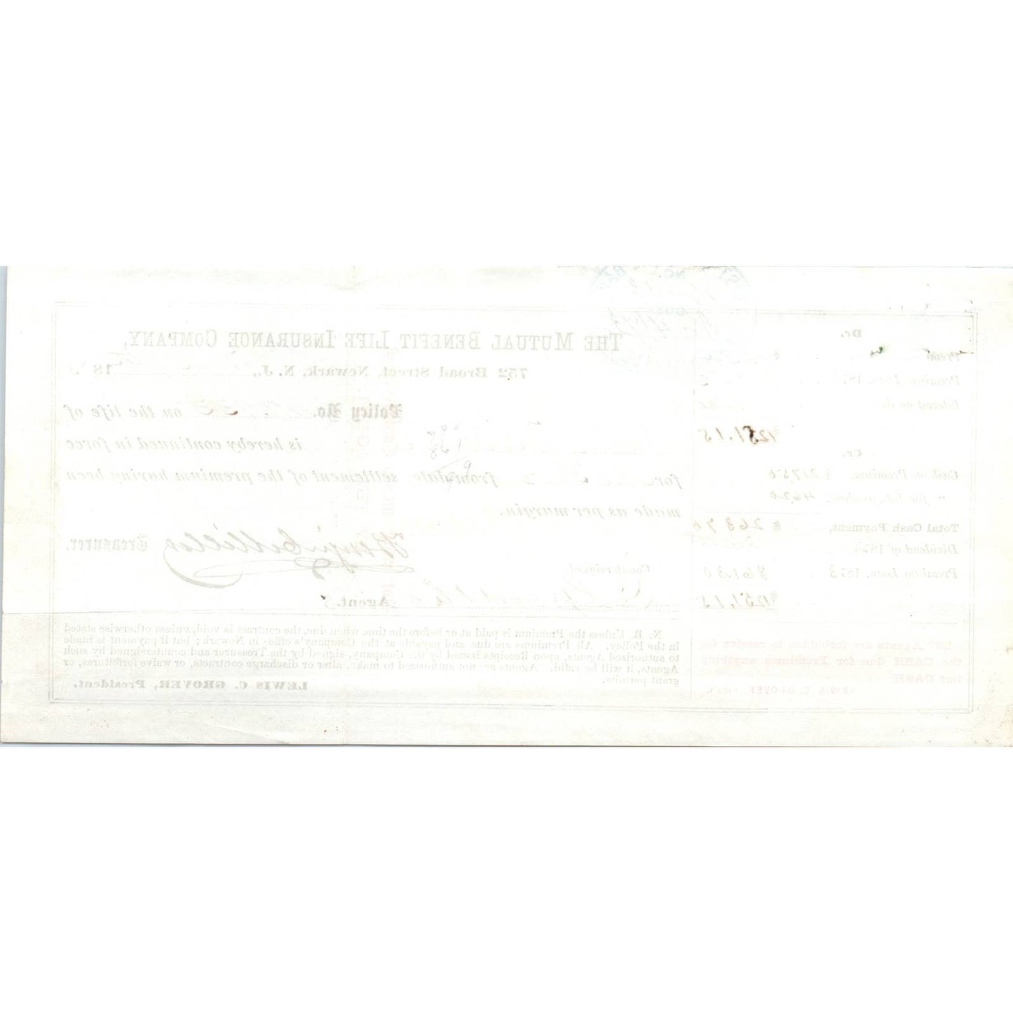 1873 The Mutual Benefit Life Insurance Co. Newark NJ Receipt Lewis C. Grover AD8