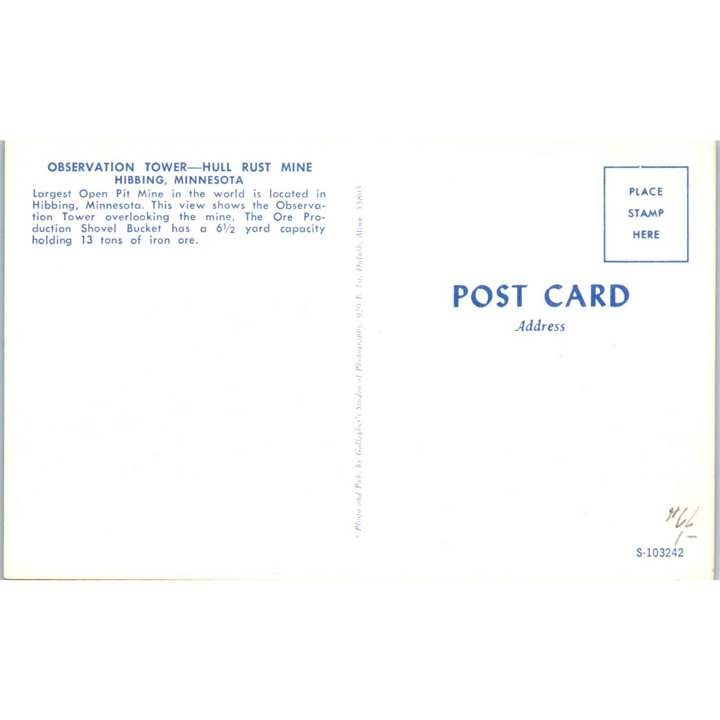 Observation Tower Hull Rust Mine Hibbing Minnesota Original Postcard TK1-20