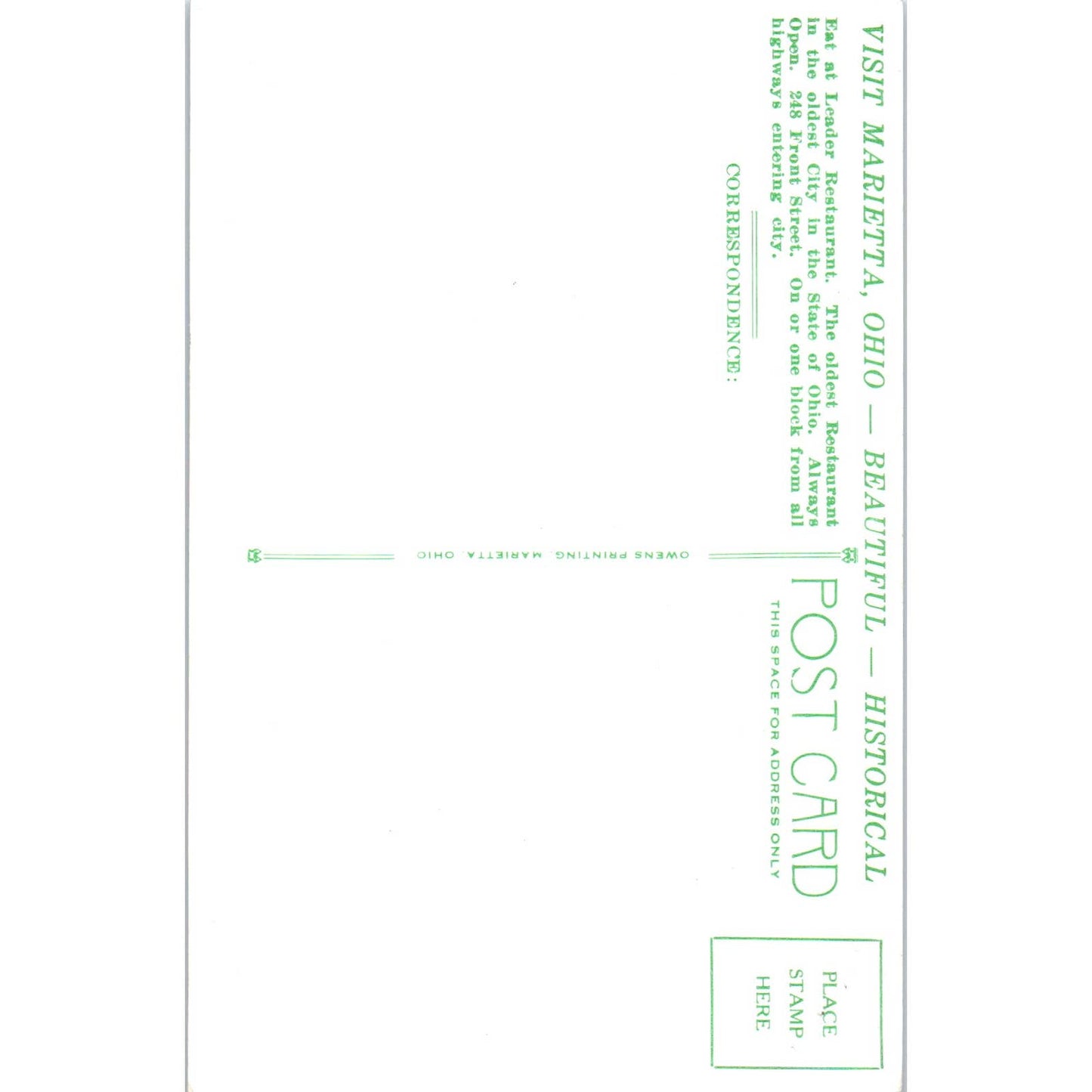 Vintage Postcard Leader Restaurant, Marietta OH TD8-O2