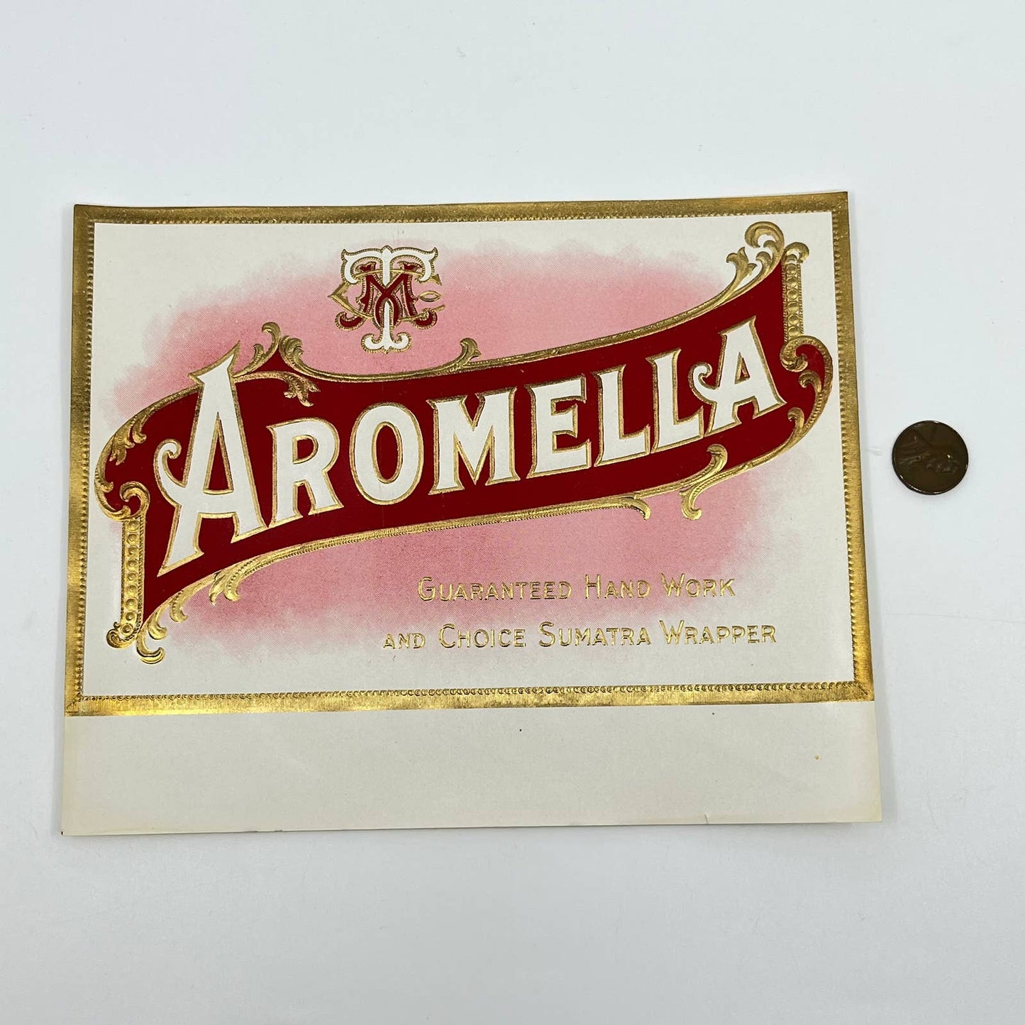 AROMELLA Cigar Box Embossed Label Insert Art Print Red Litho Vintage AA8
