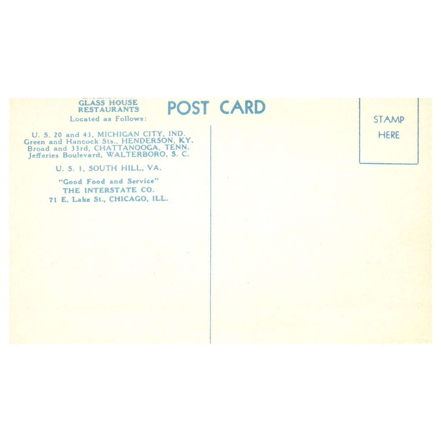 Interstate Glass House Restaurants - Postcard TJ8-2