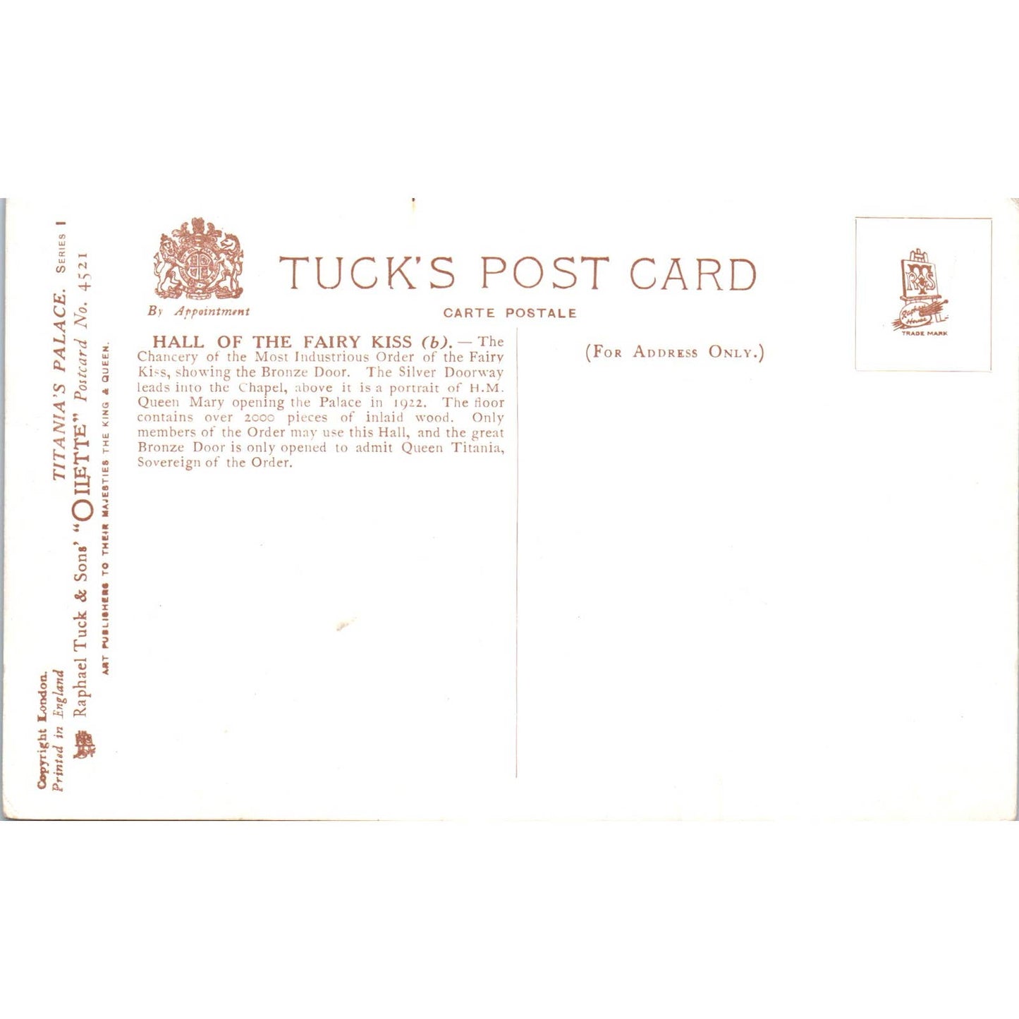 Titania's Palace Hall of the Fairy Kiss B Raphael Tuck Oilette Postcard TK1-P14