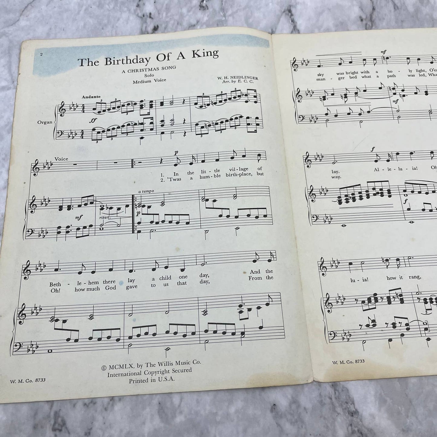Vintage Sheet Music - The Birthday of a King Christmas Song W.H. Neidlinger TH5