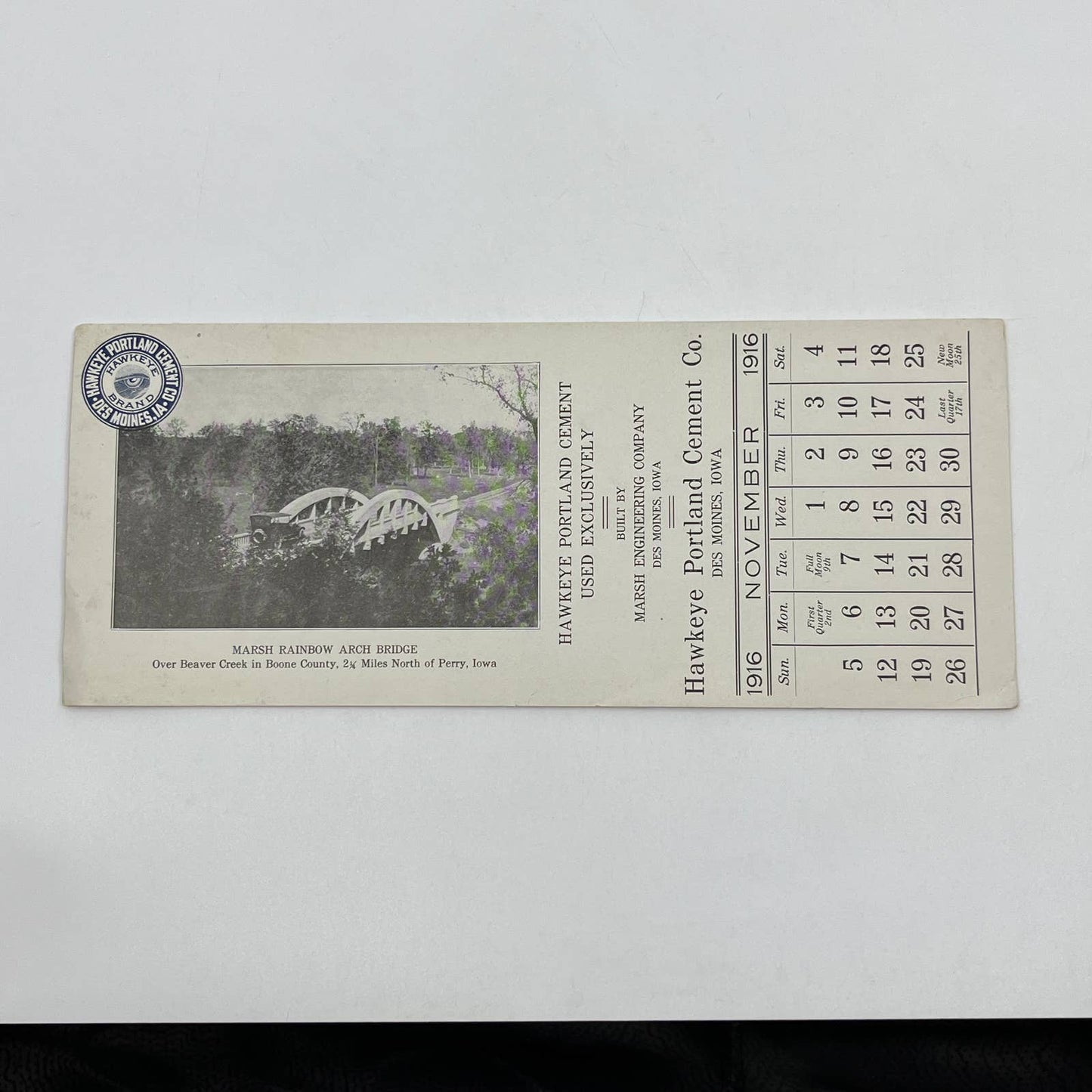 1916 Hawkeye Portland Cement Co Blotter Des Moines IA Marsh Rainbow Bridge AB8-2