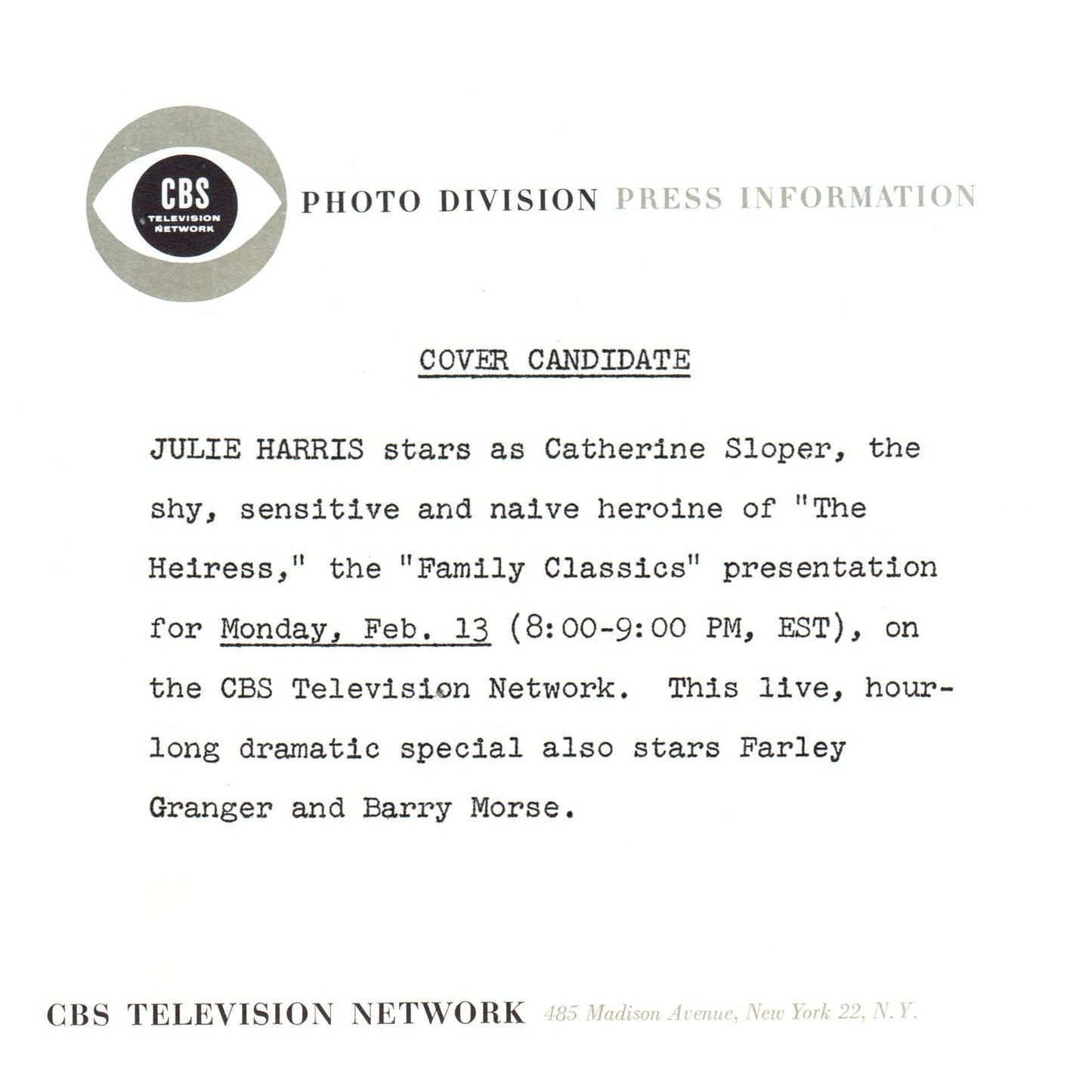 c1960 Press Photo Julie Harris Family Classics The Heiress CBS TJ7-2