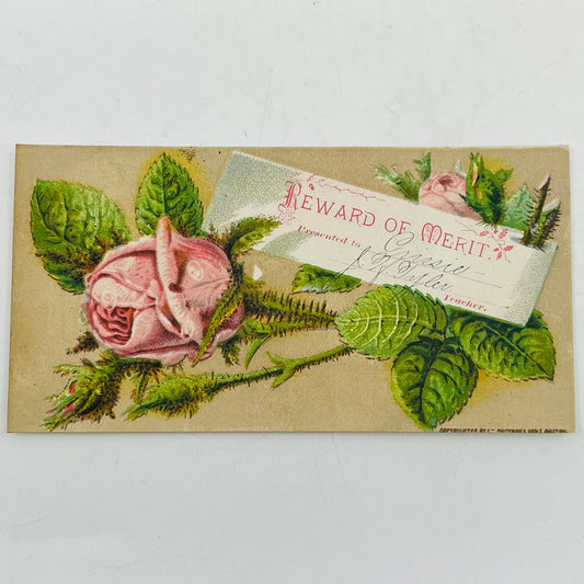 1880s Victorian Reward of Merit Award Card Pink Cabbage Rose Boston AA2