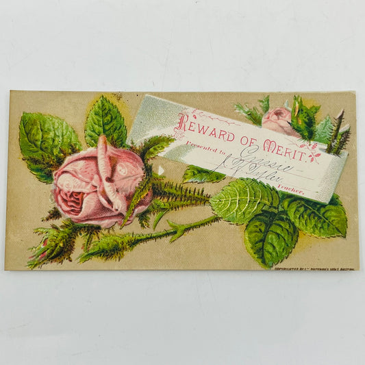 1880s Victorian Reward of Merit Award Card Pink Cabbage Rose Boston AH9-M10